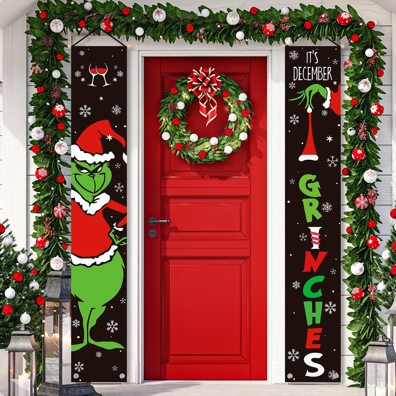 Whaline It's December Grinches Porch Sign Christmas Grinch Porch Sign Funny Xmas Hanging Banners Christmas Door Sign Banner Decor for Home Indoor Outdoor Front Porch Wall Party Supplies, 72 x 12 Inch