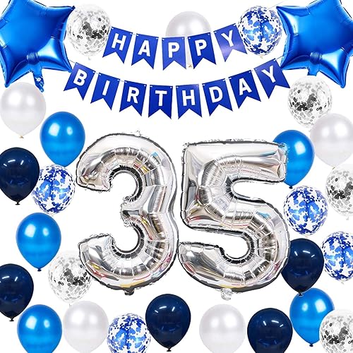 Decoración de fiesta de cumpleaños de 35 años, color azul y plateado para hombres, pancarta de feliz cumpleaños número 35, globos de papel de