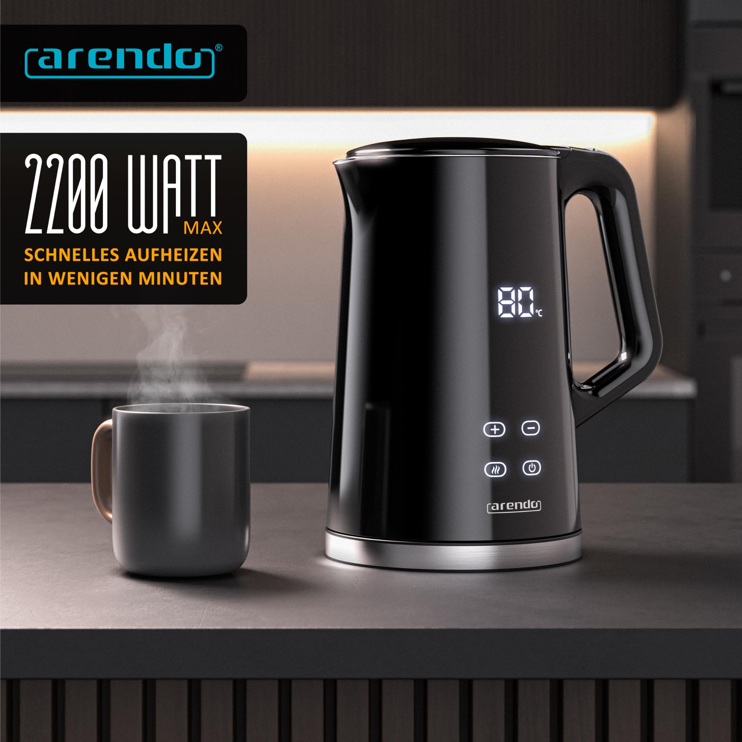 Arendo - digitaler Wasserkocher mit Temperatureinstellung - Edelstahl - Doppelwand Design Cool Touch - Display im Gehäuse - Kabellos - 2200 W - 1,7L – Überhitzungsschutz – Warmhaltefunktion – schwarz