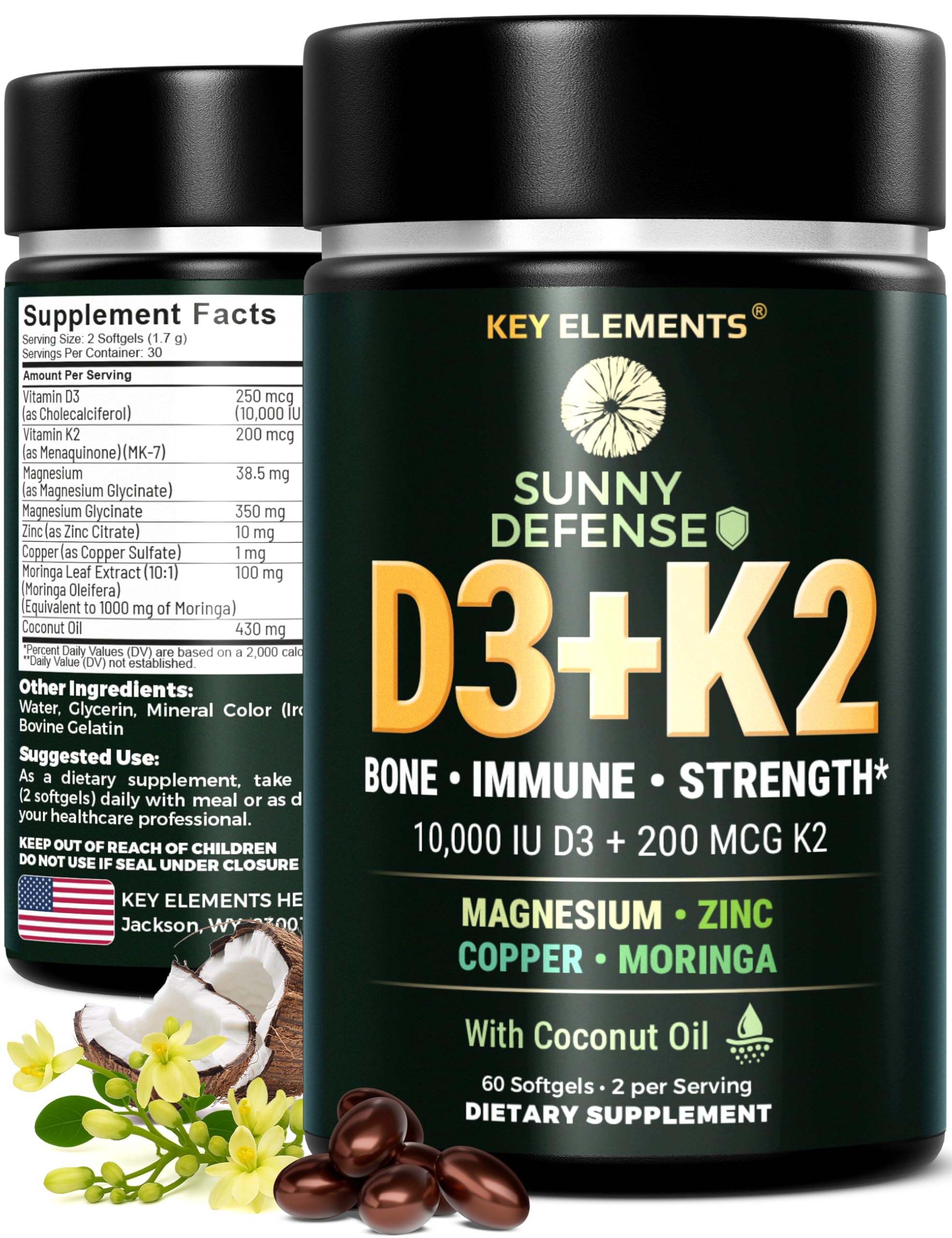 Schlüsselelemente D3 K2 Vitamin 10.000 IE mit Magnesiumglycinat 350mg, Zink und Moringa - Knochen- und Immununterstützung - Vitamin D mit K2 MK-7 200mcg - Nicht-GVO, glutenfreie Softgele