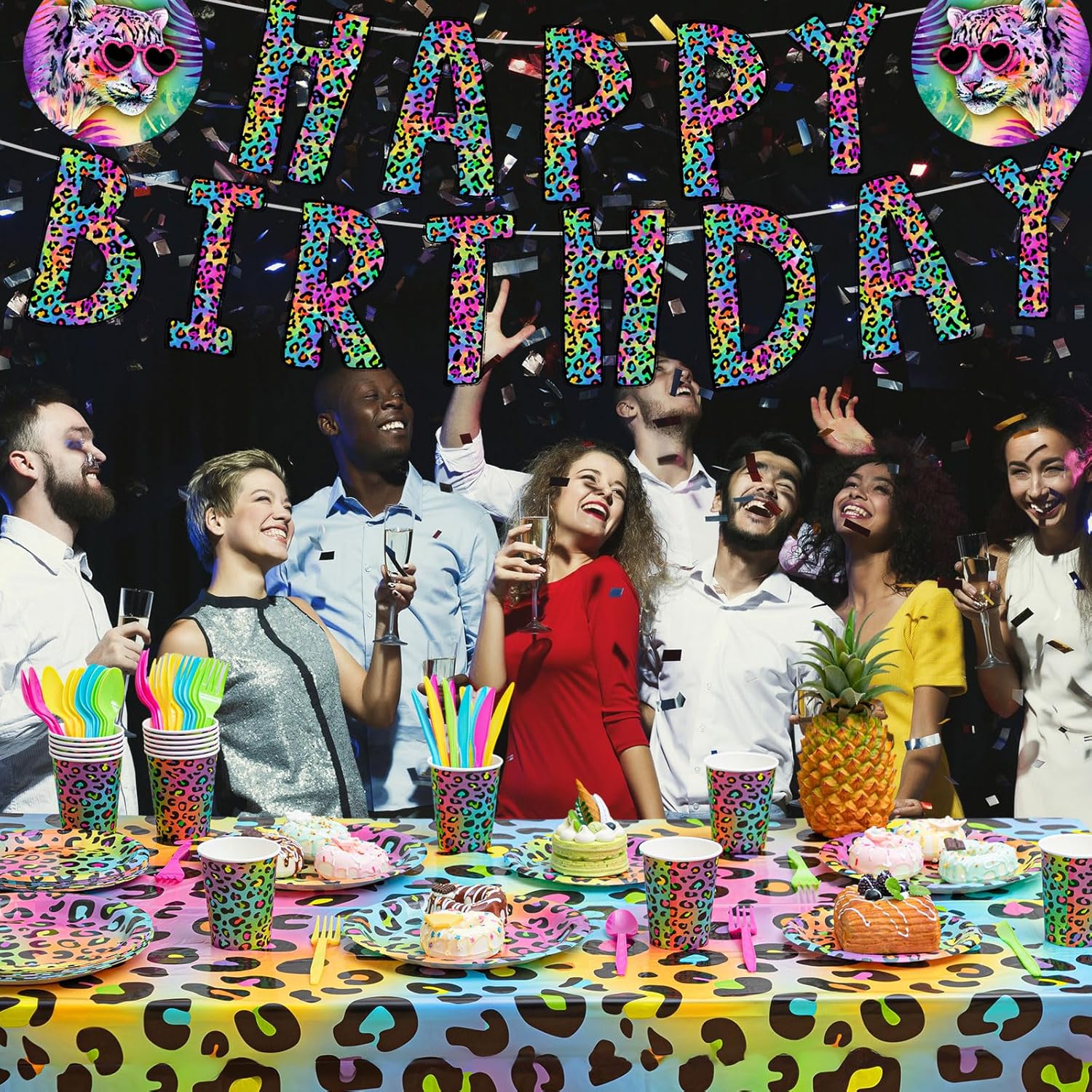 Zonon Cheetah Birthday Decorations Tableware Set Neon Rainbow Leopard Birthday Party Decorations Include Banner, Plates, Napkins, and Tablecloth Etc, for Rainbow Leopard Party Supplies