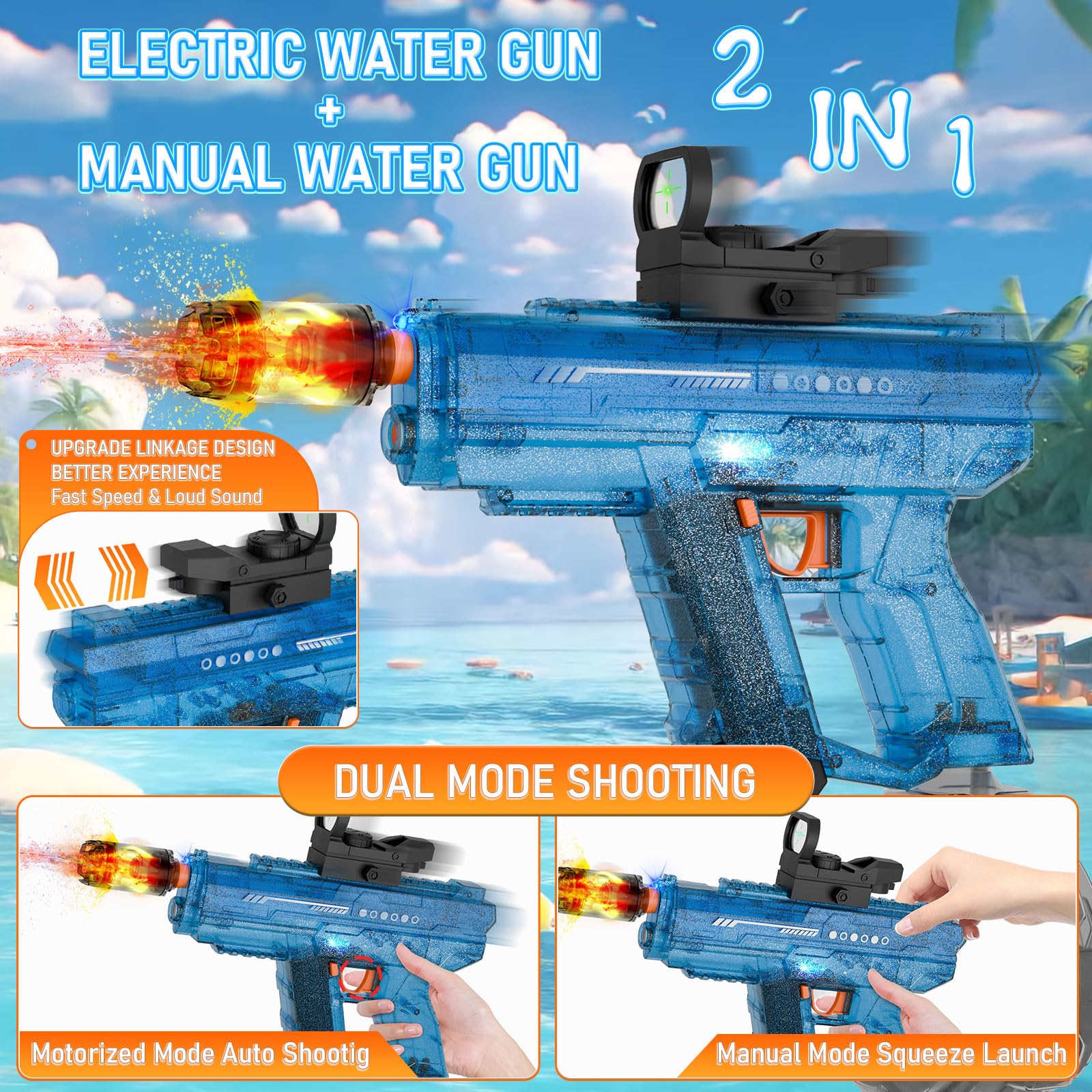 Pistola De Agua Eléctrica Automática OBEST – Gran Alcance De 32 Pies, Tanque De 434 CC, Ideal Para Niños De 6 A 10 Años, Playa, Piscina Y Jardín