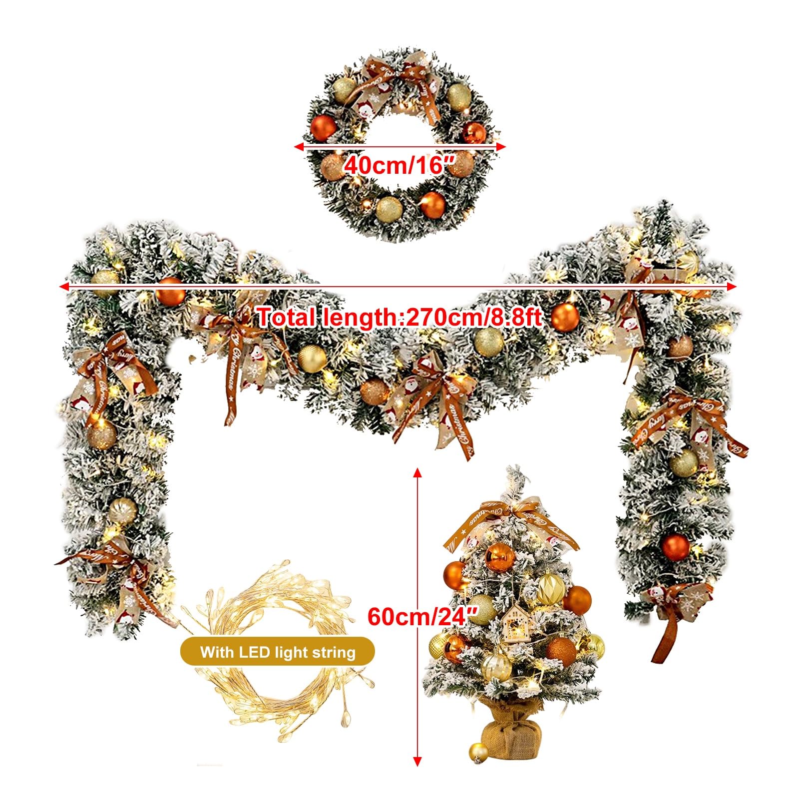 Zestaw 3 Świątecznych Girland ze Światłami, Girlanda z Prawdziwego Cedru, Wianek 40 cm - Winorośl 2.7 m - Choinka 60 cm, do Montażu na Schodach, Kominkach, Ścianach I Drzwiach