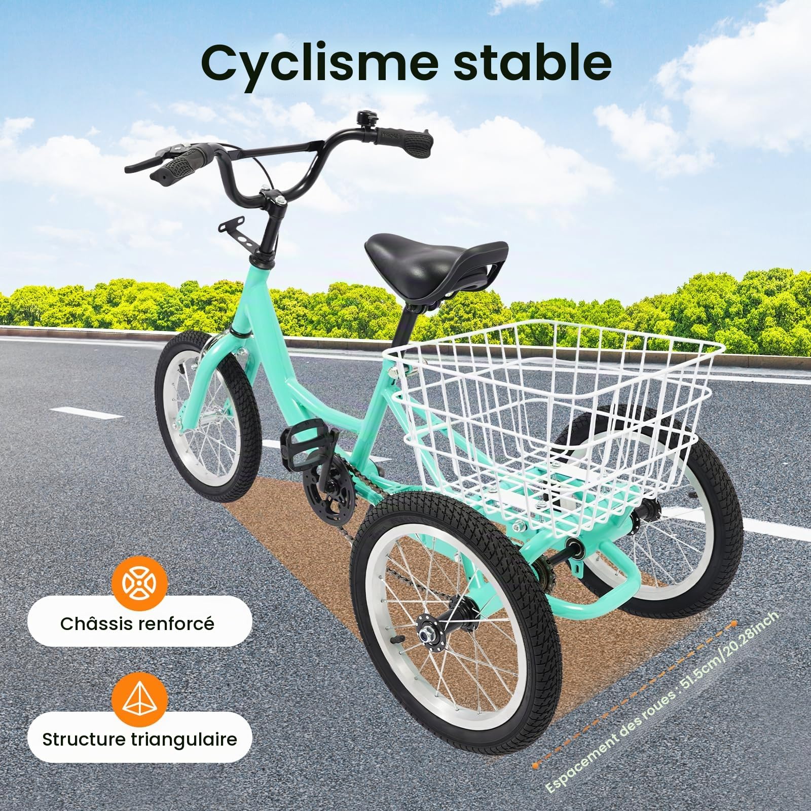 Tricycle pour enfants de 14" - Vitesse unique - 3 roues - Vélo Cruiser - Pour filles et garçons - Avec panier - Loisirs, shopping, pique-niques