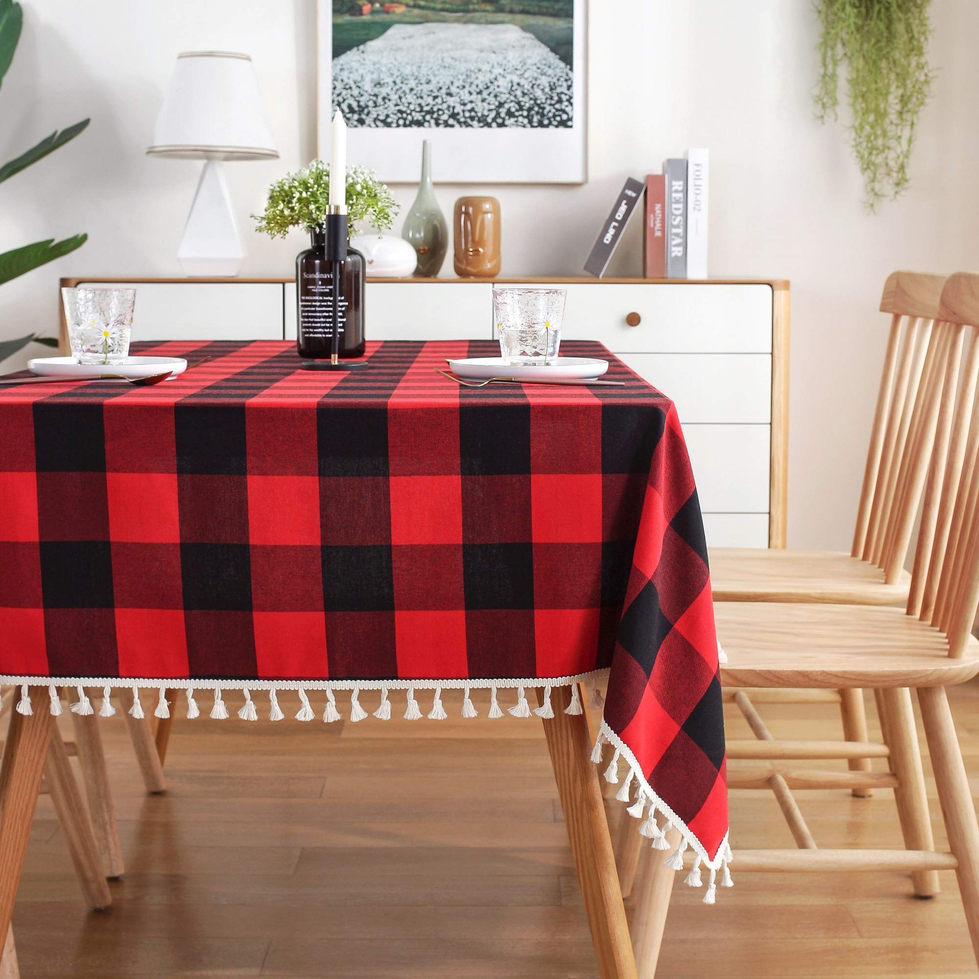 AmHoo Buffalo Checked Tassel Plaid Tablecloth Rectangle Polyester Washable Table Covers Farmhouse Gingham for Kitchen Dinner Party Decoration,Red and Black,54x70inch