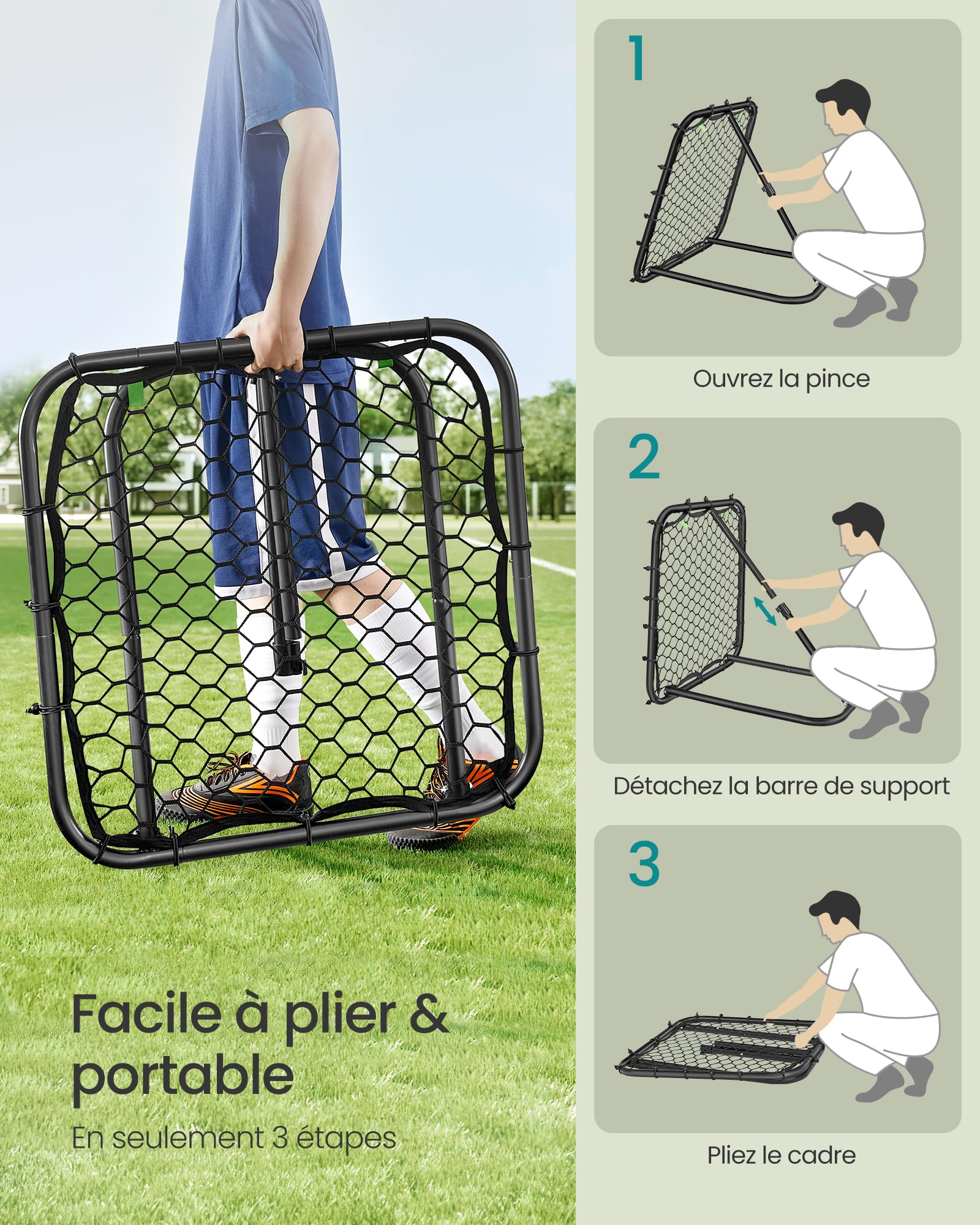 SONGMICS But de Football pour Enfants, Portable, Cadre en Acier, Réglable en Angle, Noir d'Encre