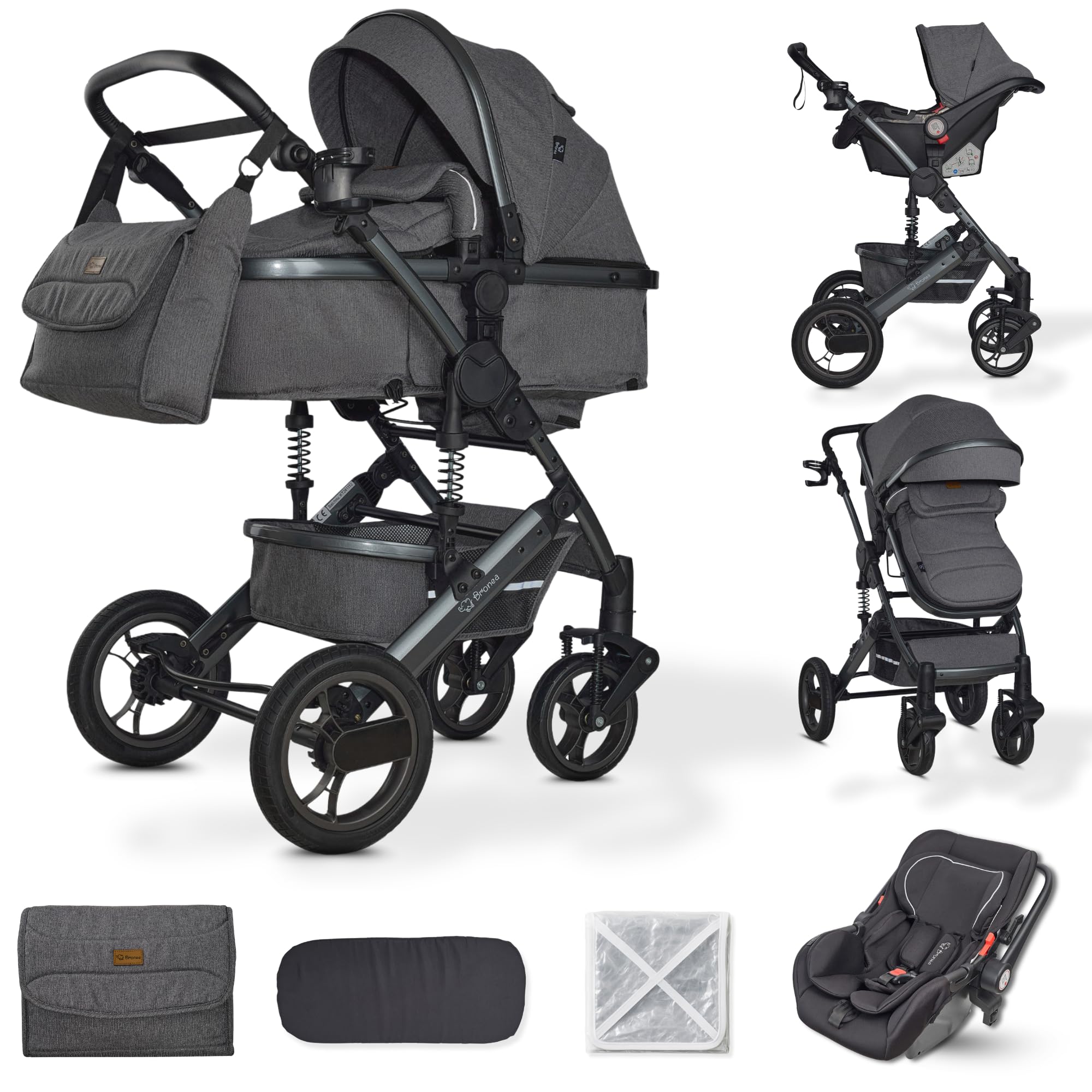 EXQUISE 2.0 Kinderwagen 3-in-1 Komplettset Inkl. Auto-Babyschale, Babywanne | Buggy, Zusammenklappbar, Wickeltasche, Regenschutz, Mücken- & Sonnenschutz (Grau-Grau)