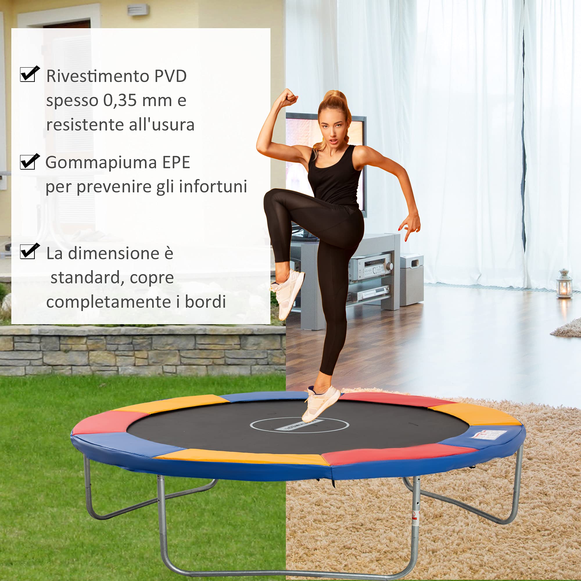 Outsunny HOMCOM Copertura Tappeto Elastico Ø305x1.5 cm Pieghevole e Portatile, Protezione Trampolino da Giardino in Plastica, PE e Schiuma EPE, Rosso, Blu e Giallo