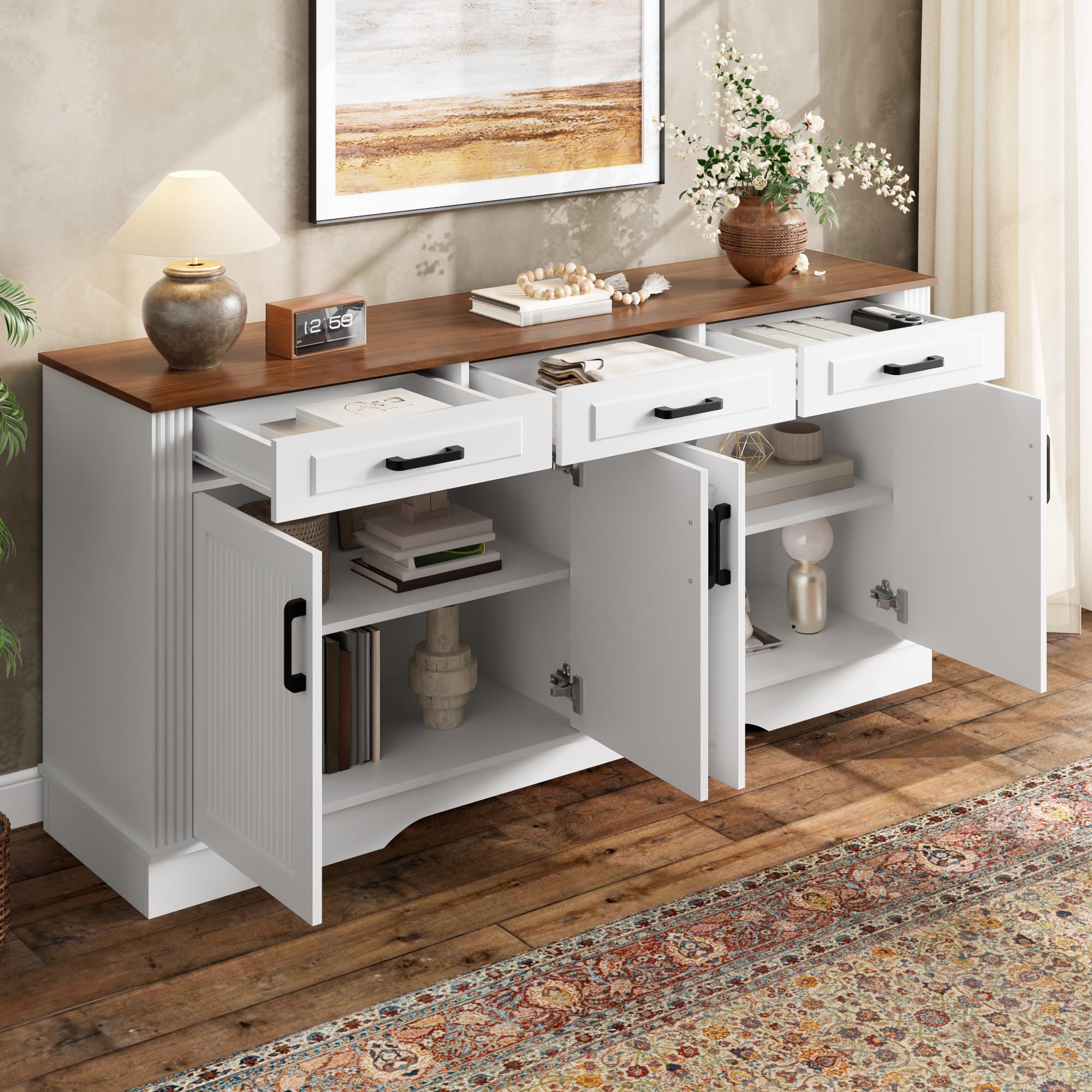 Sideboard Buffetschrank mit 4 Türen, 160 cm Küchenschrank Kommode mit 3 Schubladen, Moderne Stauraum Kücheninsel mit Regal, Aufbewahrungsschrank für Wohnzimmer, Esszimmer, Weiß, 160x40x75cm
