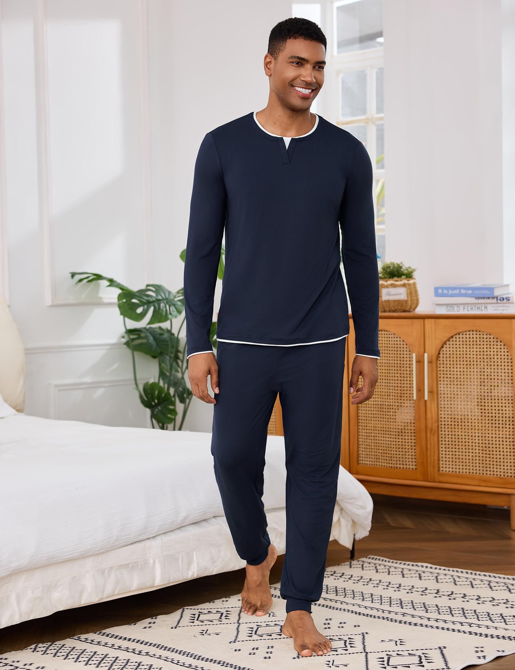 Pijama Hombre Invierno Algodón Manga Larga con Cuello Redondo Diseño de Escote con Efecto de Capas Conjunto de Dormir Cómodo para Casa