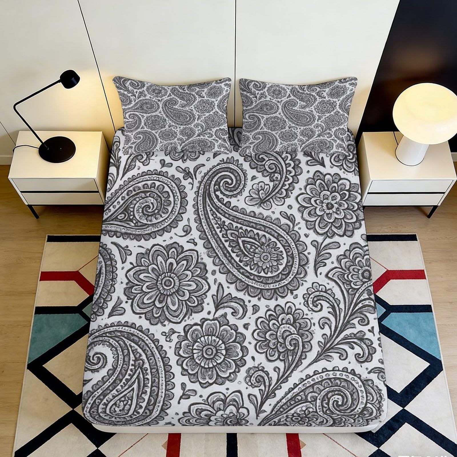 3D Printed Grey Paisley Fitted Sheet Microfiber Soft Breathable Floral Bed Cover for Bedroom Dormitory Guest Room Mattress Protection Decor 160x200x25cm