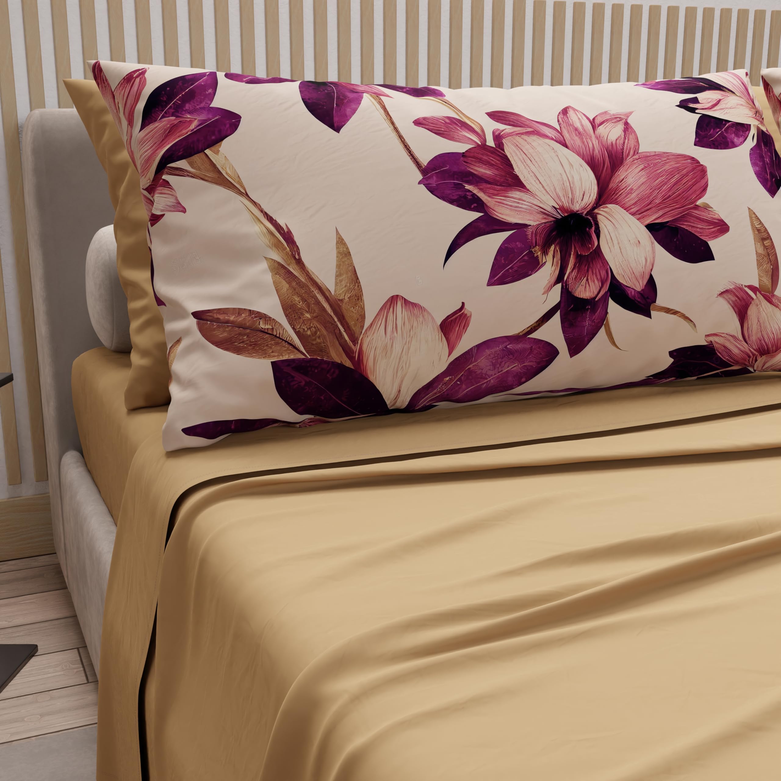 PETTI Artigiani Italiani - Cotton Sheets with Pillowcases in Digital Print, Double Sheet, Floral Pattern 7 Taupe, 100% Made in Italy