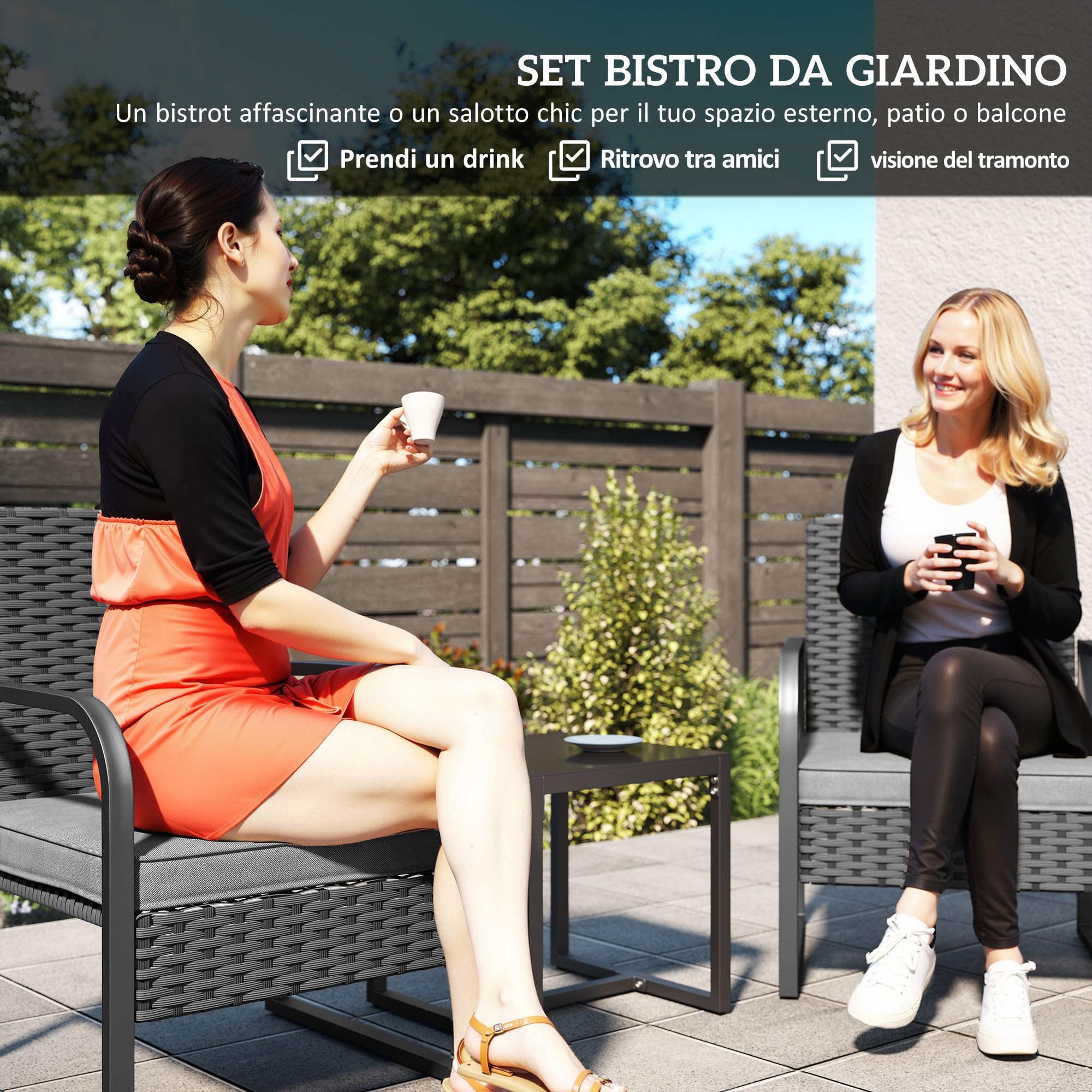 Outsunny Set da Giardino 3 Pezzi in Rattan PE e Acciaio, Set 2 Sedie con Cuscini Lavabili e Tavolino da Caffè con Piano in Vetro, Set di Mobili da Balcone, per Patio e Cortile, Grigio Scuro e Nero