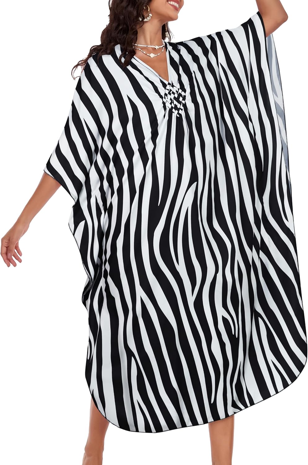 Kaftan Dresses for Women Plus Size V Neck Caftans Long Batwing Sleeve Beach Cover Ups Summer Floral Print Dress - Image 7