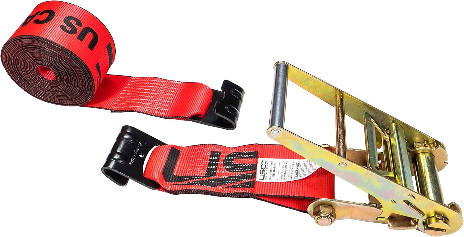 US Cargo Control Flat Hook Ratchet Strap 4 Inch x 30 Foot, 5,400 LBS Working Load Limit, Red 4 Inch Ratchet Straps Heavy Duty for Flatbed Trailers, Professional Flatbed Hauling Red 1 Strap
