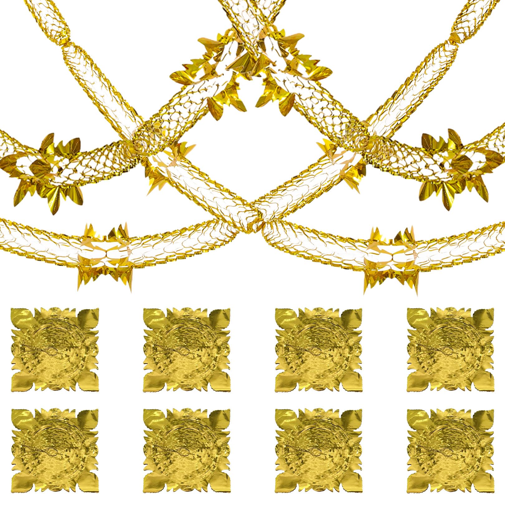 8 Pcs Christmas Ceiling Decorations Indoor,Hanging Foil Gold Garland Streamers Xmas Tree Garlands Ceilings Decoration House Dangly Seiling Swirl Foils Tinsel,for New Year Christma Party Decor (Gold)