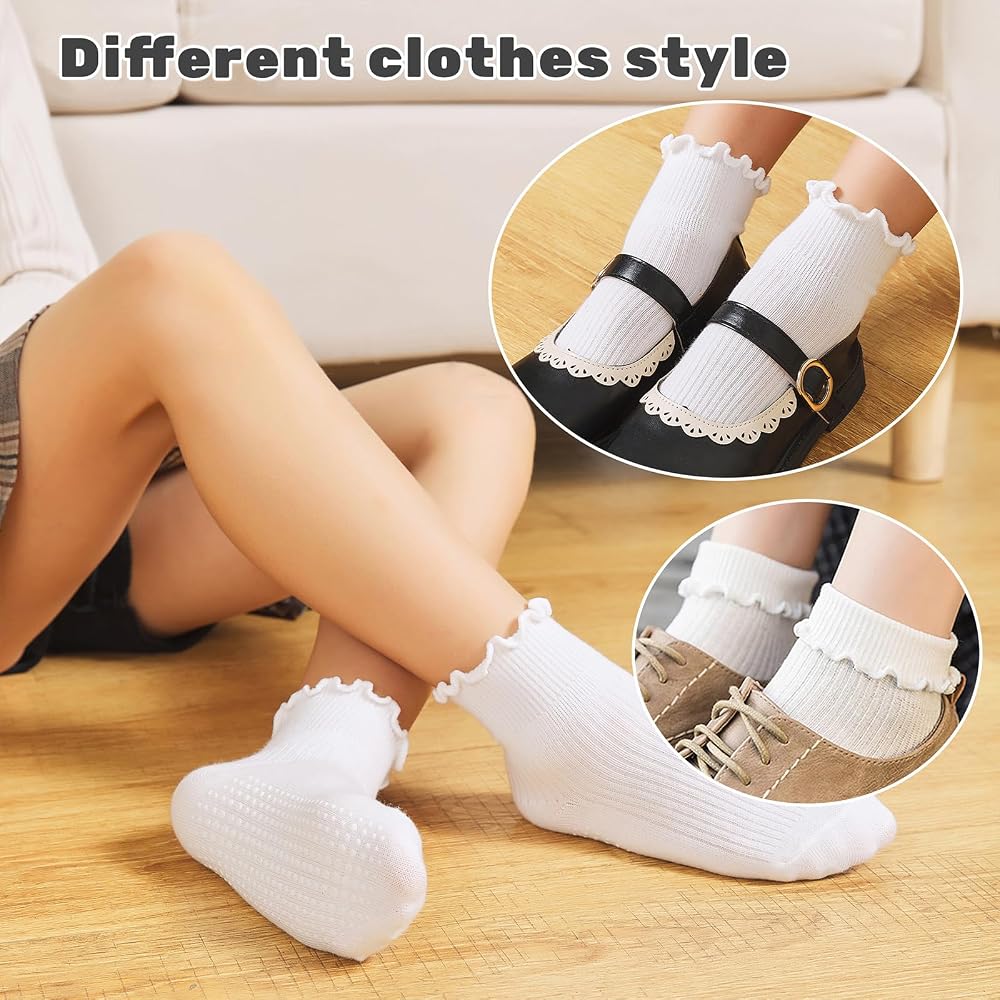 6 Pairs Toddler Ruffle Socks for Girls Baby Grip Socks Non Slip Socks Cute Grippy Frilly