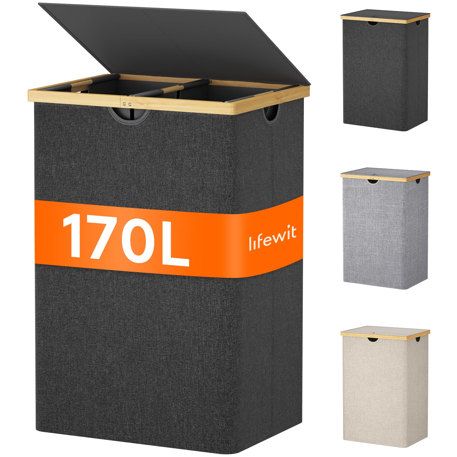 Lifewit 170L Bambus Wäschekorb mit Deckel, Faltbar Wäschesammler 3 Fächer Wäschesortierer mit Abnehmbarem Wäschesack Bambus Griffen Wäschebox Laundry Baskets für Waschküche, Schlafzimmer, Schwarz