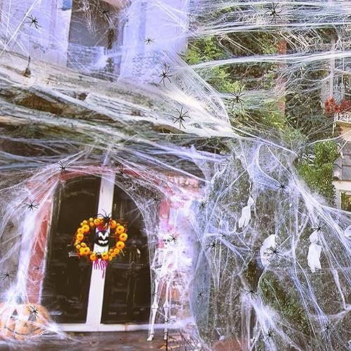 Tela de araña para decoración de Halloween, 1000 pies cuadrados, tela de araña artificial grande con 30 arañas falsas extra para interiorexterior,