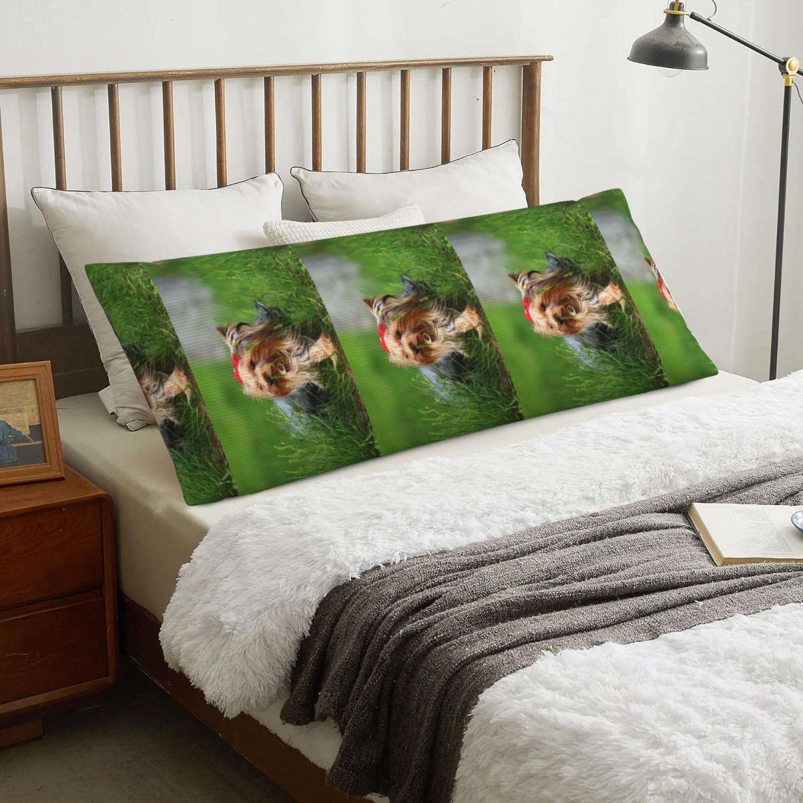 Yorkshire Terrier Lawn Cute Dogs Ummer Red Bow, Body Pillow Cover with Zipper,Long Body Pillowcase 20 x 60 in