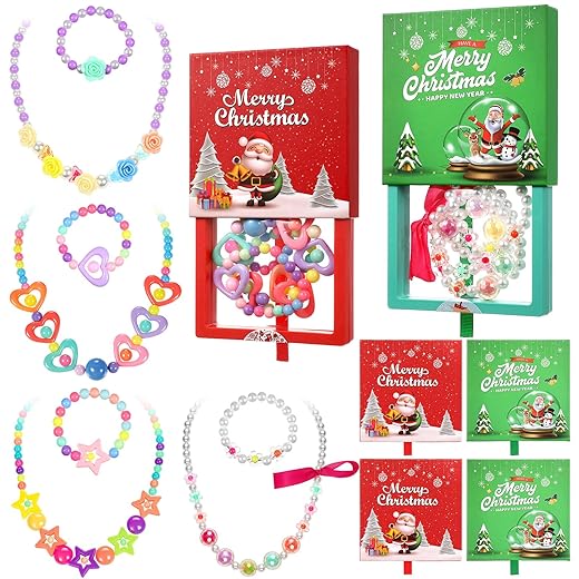 Tondiamo Christmas Kids Jewelry for Little Girls Princess Dress up Jewelry Gift Beaded Necklaces and Bracelets with Gift Box for Christmas Birthday Party Favors