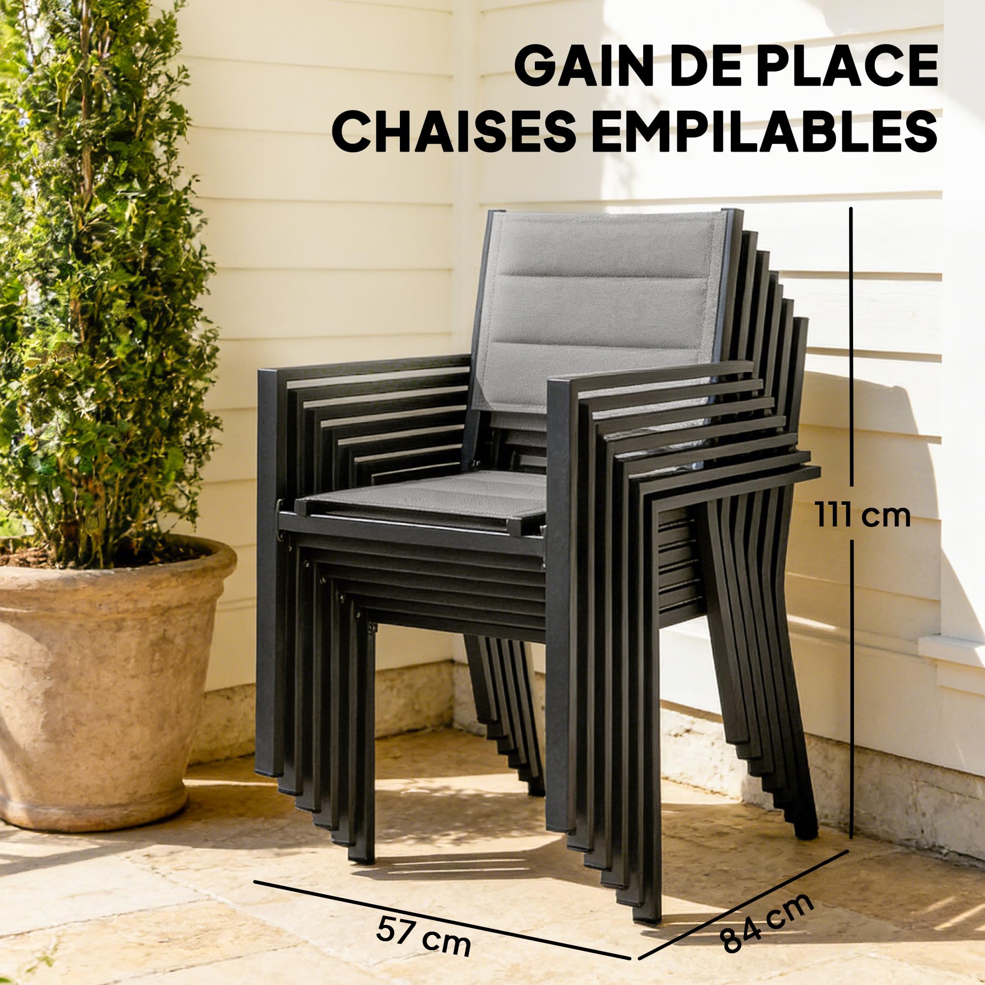 Outsunny Salon de Jardin 7 Pièces Table Extensible Aluminium - Ensemble Mobilier de Jardin avec 6 Chaises Empilables Textilène Rembourré - Meuble pour Terrasse Extérieur et Repas de Famille, Gris