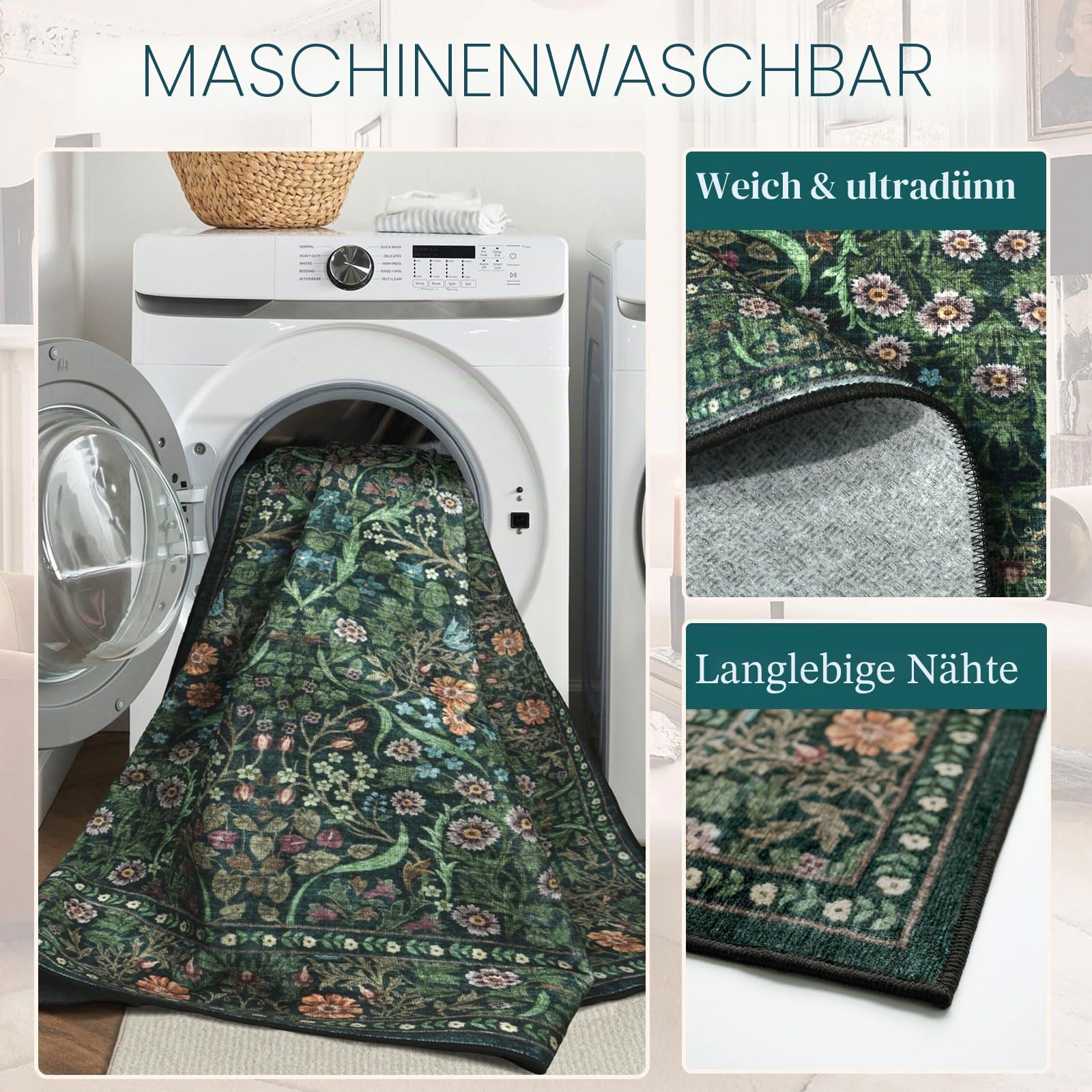 Grüner runder Teppich, weich, waschbar, Boho-Stil, Blumenmuster, rund, Badezimmerteppich, rutschfest, 12,7 x 12,7 cm, Vintage, botanischer Kreis, für Wohnzimmer, Schlafzimmer, Eingangsbereich