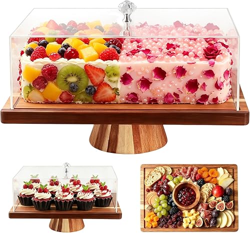 2-in-1 Acacia Wood Rectangular Cake Stand Lid Charcuterie Tray