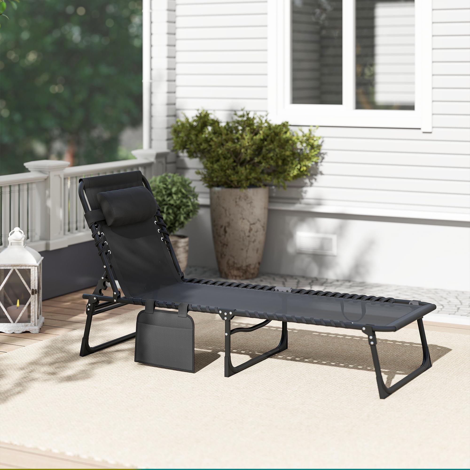 Outsunny Chaise Longue Pliable Bain de Soleil transat de Relaxation Dossier inclinable 5 Niveaux têtière Amovible Pochette latérale intégrée revêtement textilène Acier dim. 189x58x30cm Noir