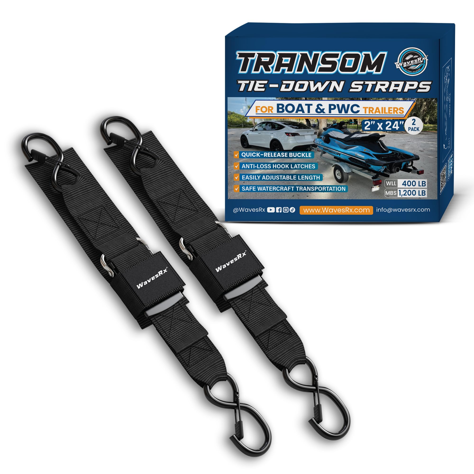 WavesRx Premium Boat &amp; Jet Ski Trailer Transom Tie Down Straps - Adjustable Marine Boat Trailer Strap via Quick Release Buckle - Boats Transom Straps &amp; Watercraft Accessories for Safe Transport