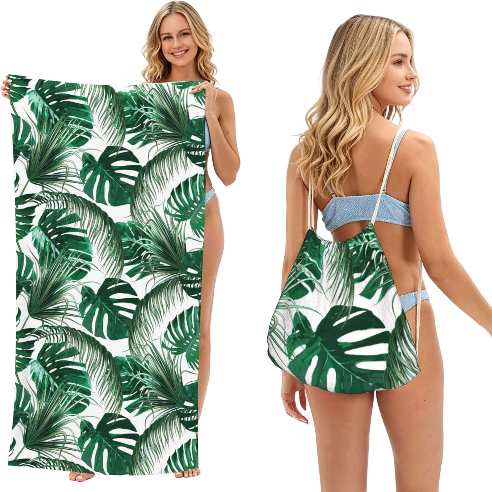 Poadnly As Picture Tropical Green Palm Leaves Jungle Leaf, 2 In 1 Packable Towel Bag, Beach Towels With Drawstring Backpack For Travel Holiday Camping
