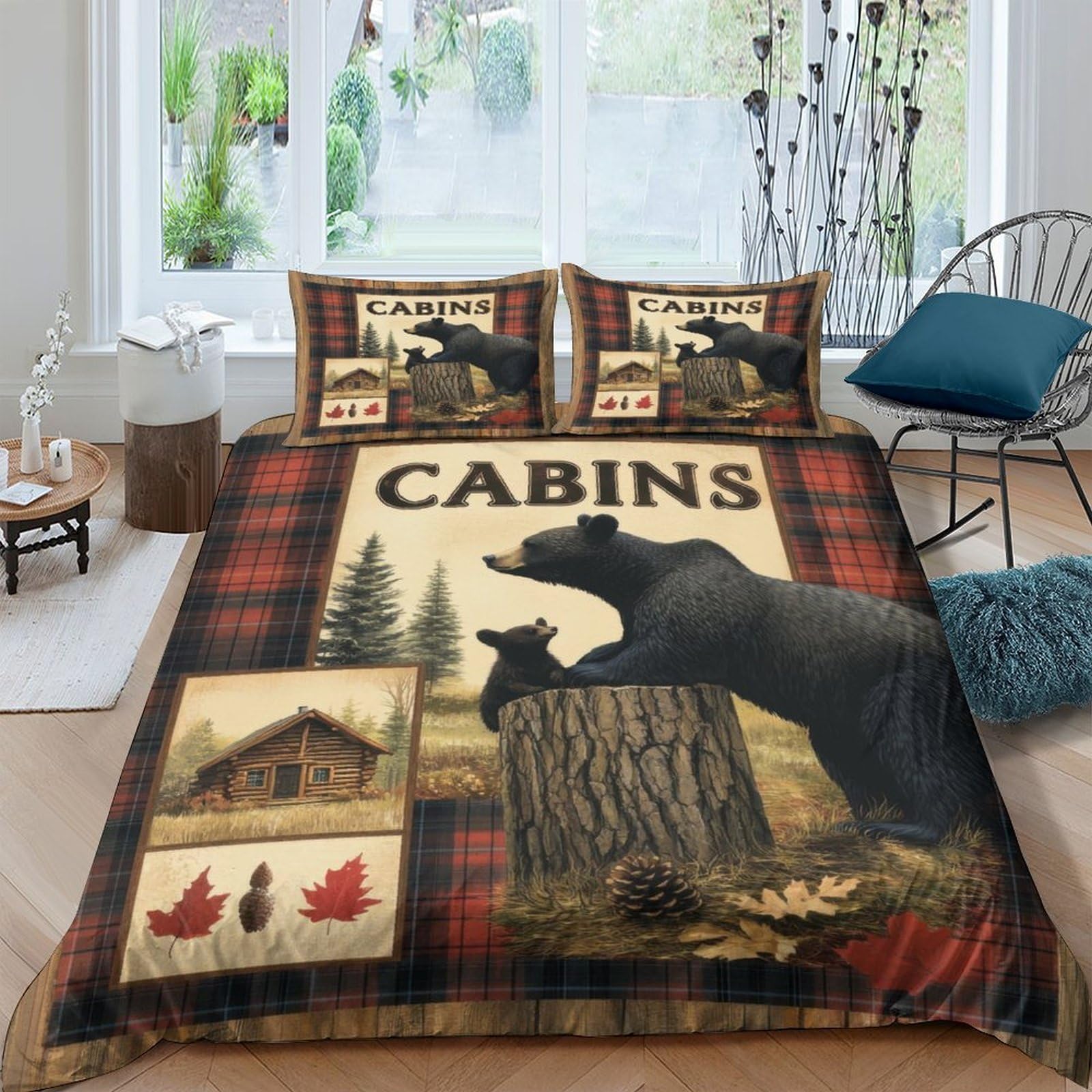 TUFRTGYHN 3D Printed Bear Cabin Duvet Cover Microfiber Soft Breathable Forest Lodge Bedding Set with 2 Pillowcases for Bedroom Home Decor Single（135x200cm）