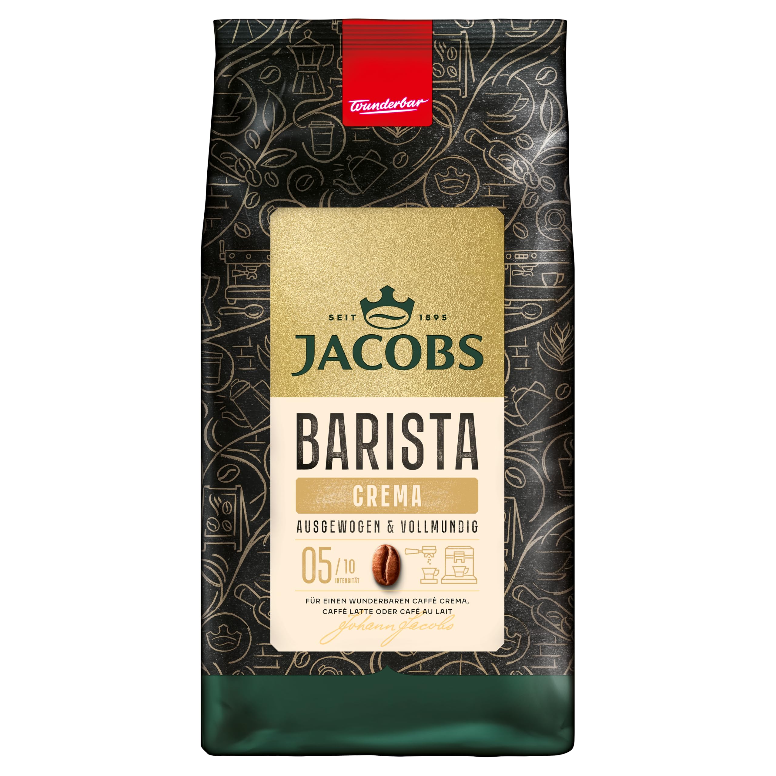 Jacobs Kaffeebohnen Barista Crema, ausgewogen mit Zitrus- & Nussnote, geröstet in Bremen, Intensität 5/10, Kaffee ganze Bohnen, 1 kg, mittlere Röstung