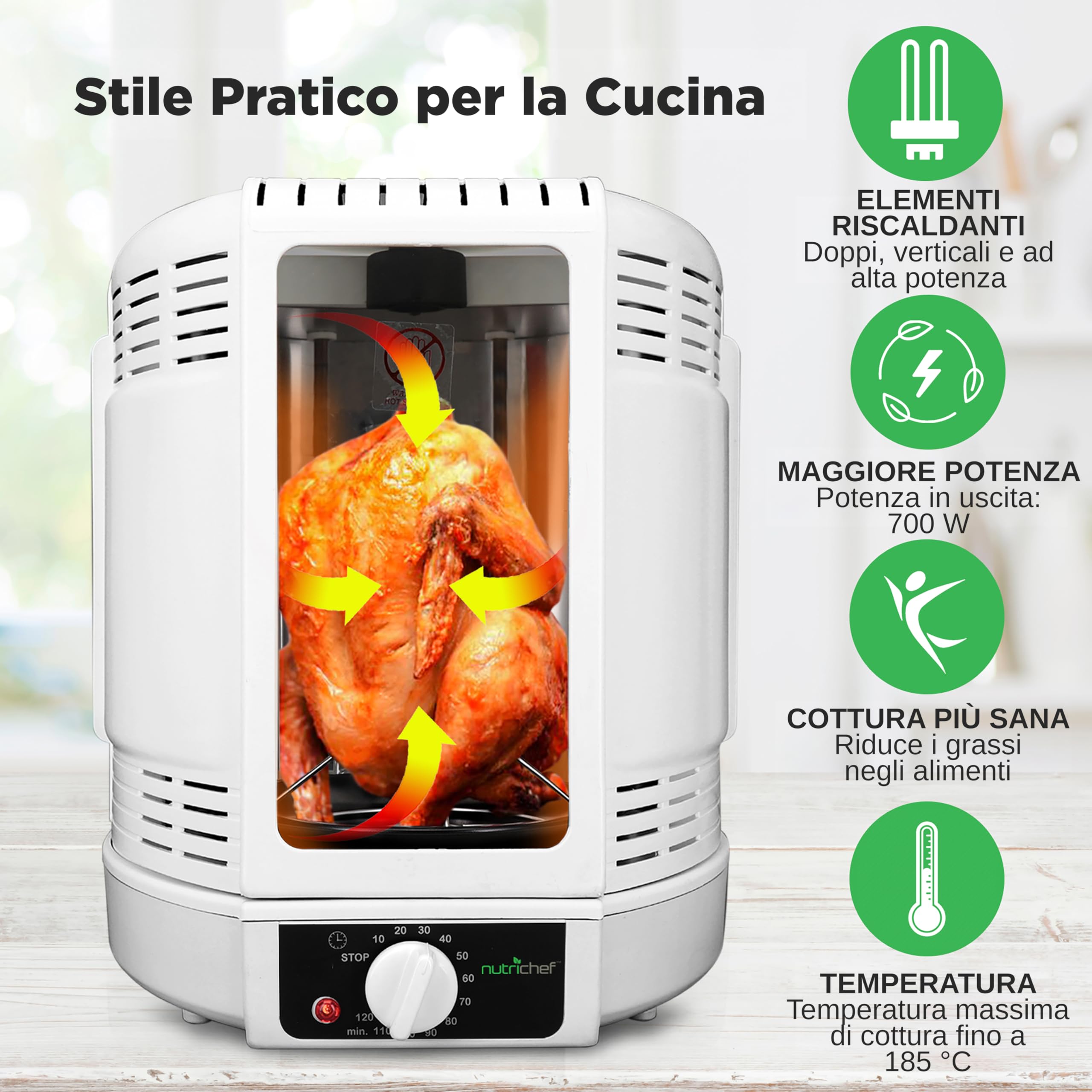 NutriChef Girarrosto Elettrico Verticale Kebab con Spiedo e Griglia, Torre Cestello e Vassoio, per Carne, Pollo, Tacchino, Agnello, Bianco