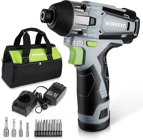 WORKPRO Kit de destornillador de impacto inalámbrico, juego de taladro de impacto eléctrico hexagonal de 14 pulgadas con batería de iones de litio
