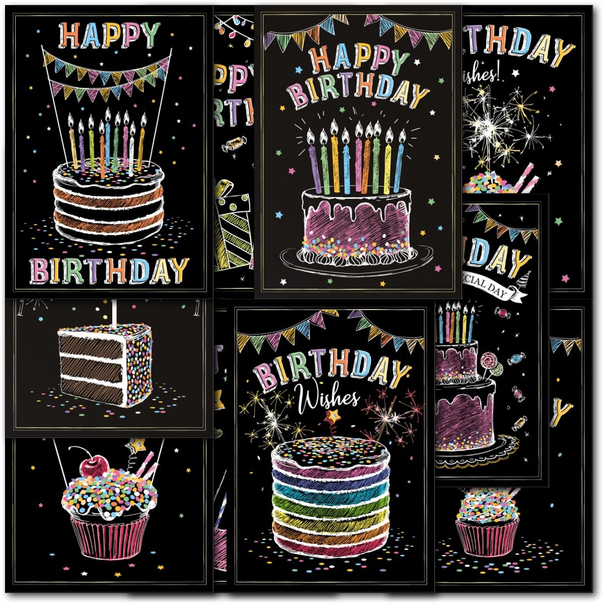 doodlecards Pack 10x Mixed Chalk Happy Birthday Cards. Multipack Cakes, Candles, Buntings, Female, Girls Cards with Envelopes. 100% Recyclable. Made in the UK.