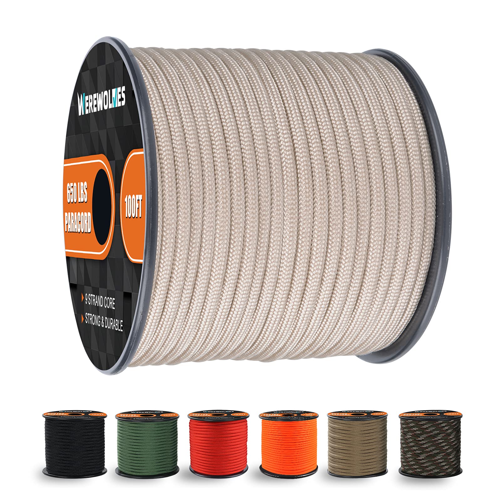 WEREWOLVES 650lb Paracord/Parachute Cord - 9 Strand Paracord Rope - 100', 200' Spools of Parachute Cord, Type III Paracord for Camping, Survival