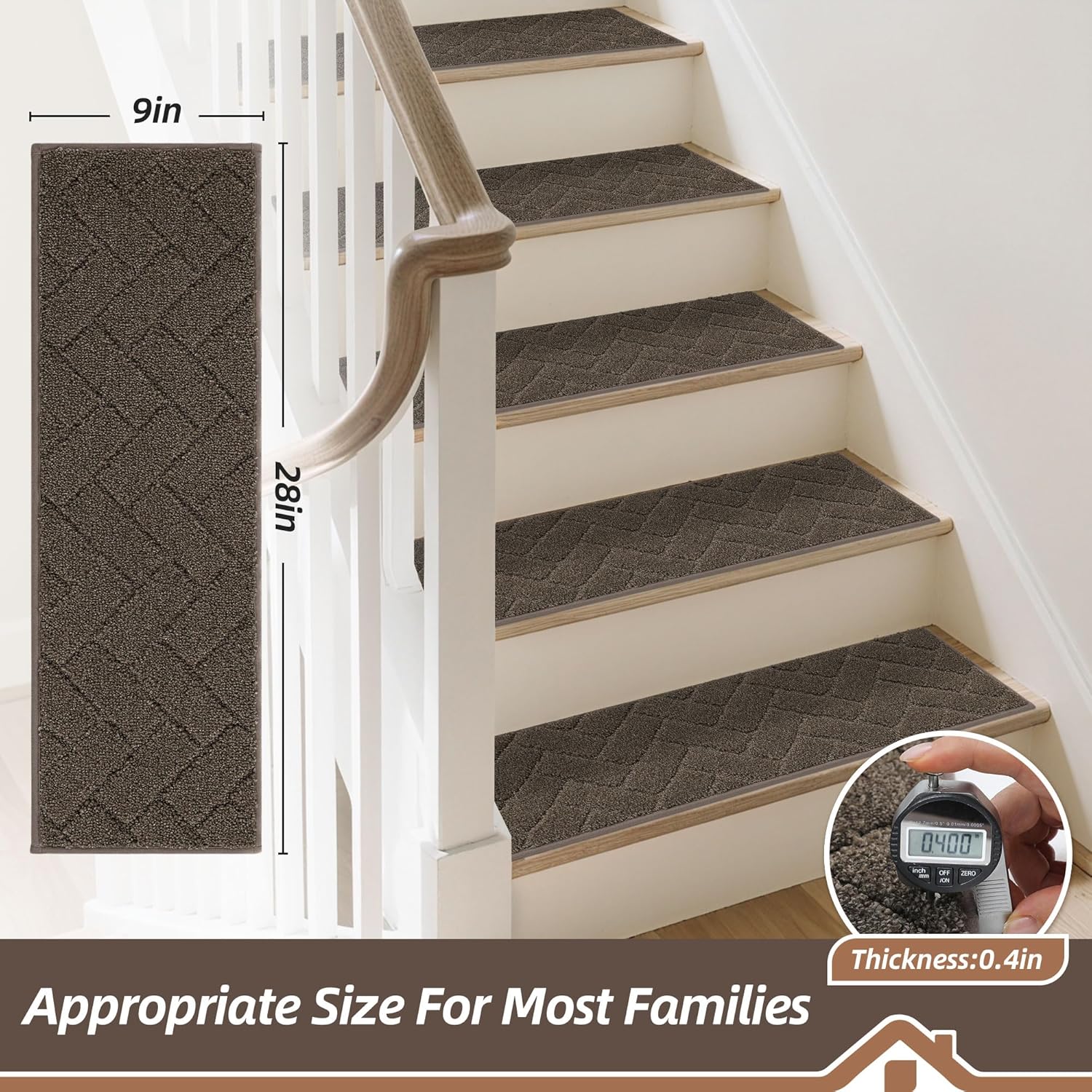 BEQHAUSE Edging Stair Treads for Wooden Steps 9" x 28", Non Slip Carpet Stair Treads Indoor Stair Runners, Soft Stair Rugs, Machine Washable, 100% Polyester, TPE Backing, 4pcs, Brown 28 in x 9 in Brown - Geometric 4
