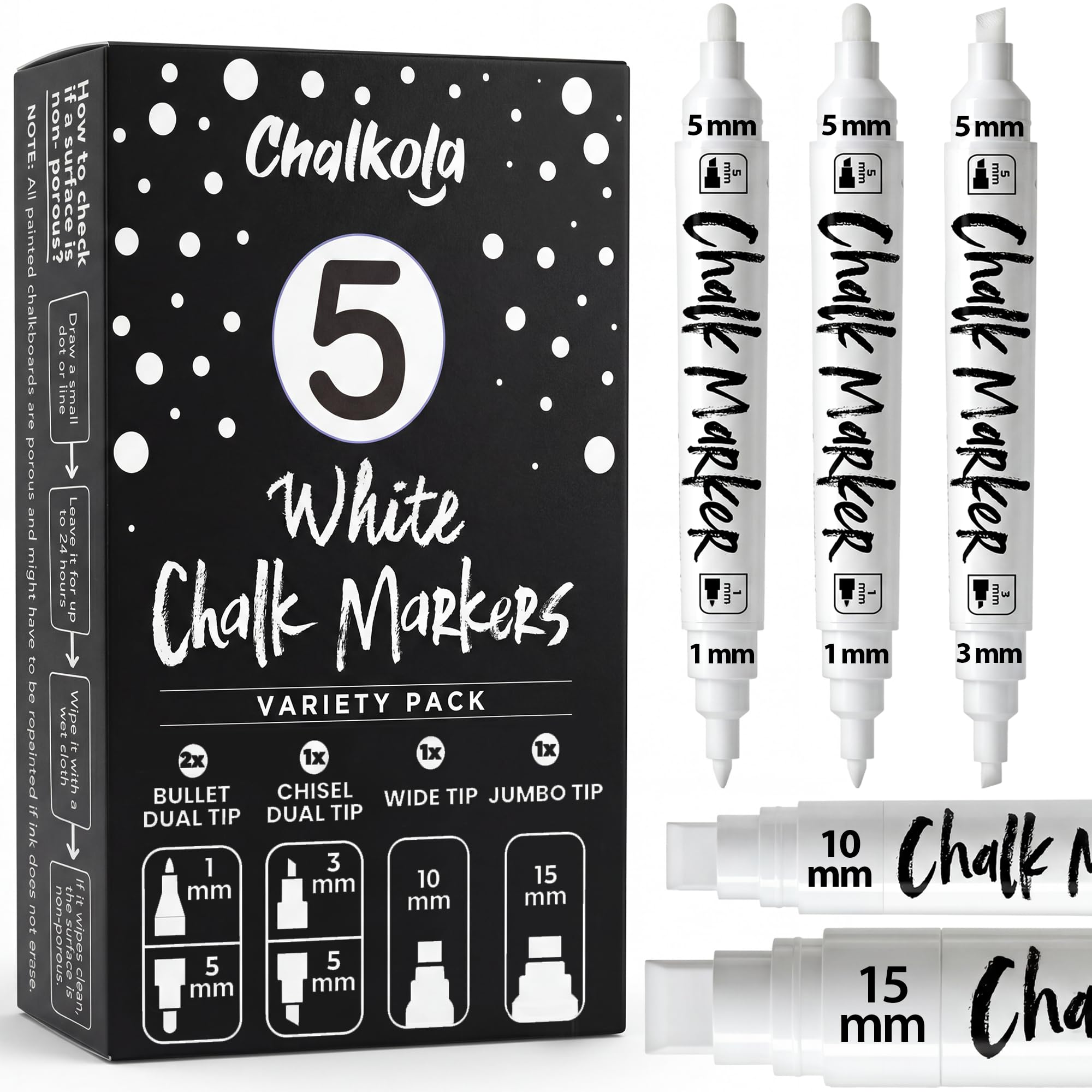 Chalkola 5 White Chalk Markers - Dual tip, Bullet & Chisel Tip (1mm, 3mm, 5mm), Wide (10mm) & Jumbo Tip (15mm) | Erasable Liquid Chalk Pens for Blackboard, Chalkboard Signs, Car Window, Bistro, Glass