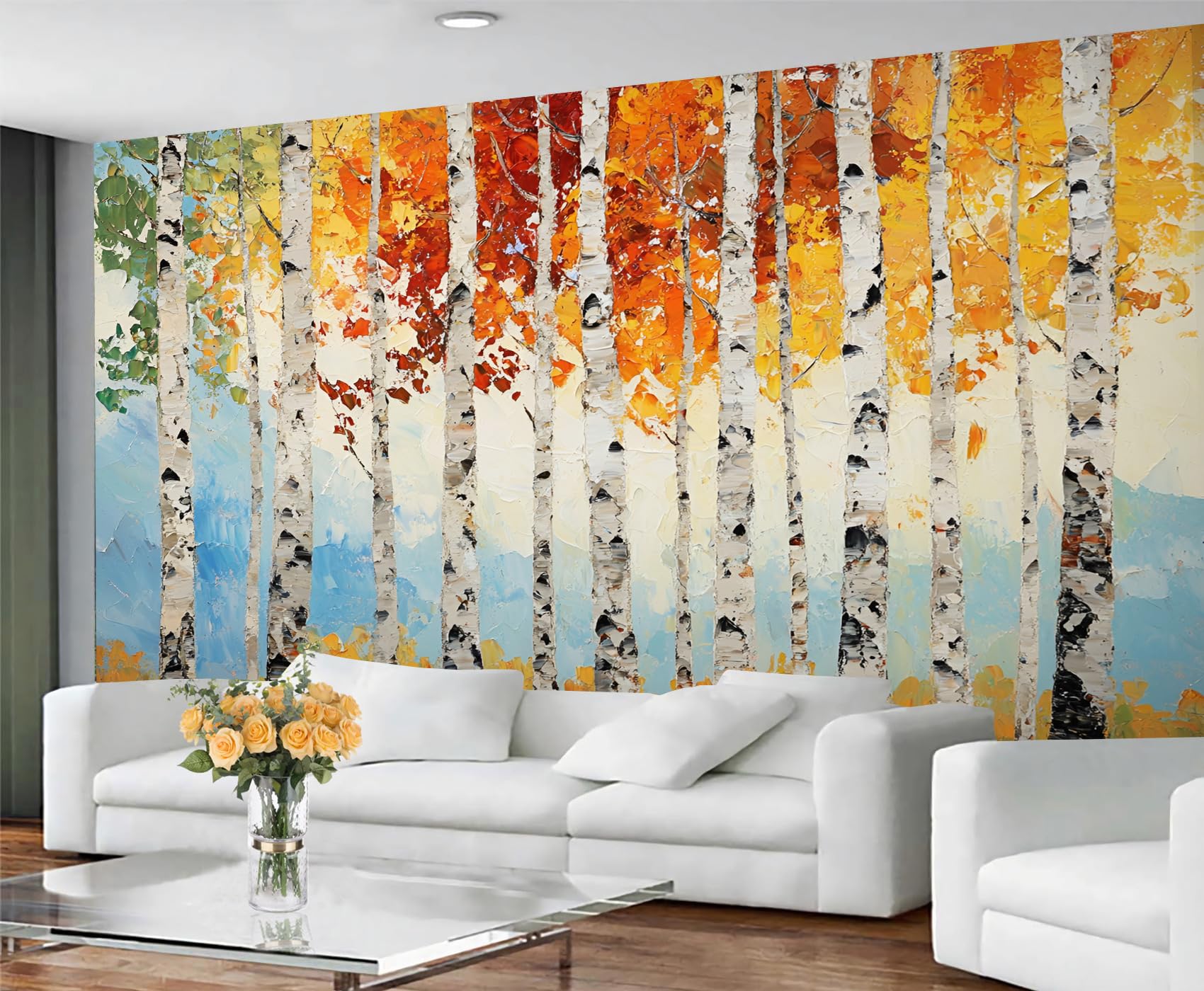 Papier peint bouleau aquarelle chambre salon decoration murale nature
