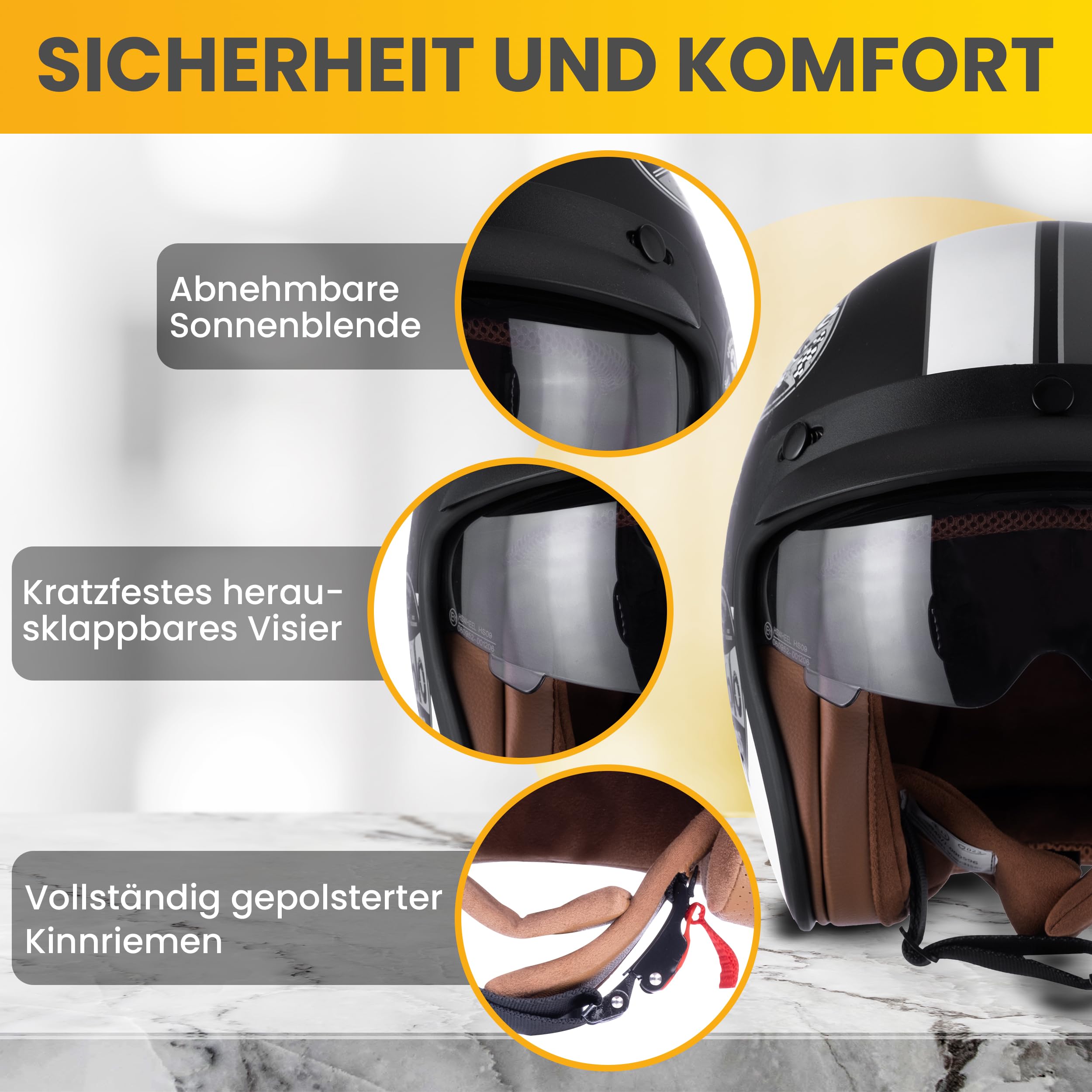 Jethelm mit Visier by BS Way: Hochwertiger Motorradhelm, ECE-Zertifiziert für Herren und Damen - Ideal für Roller, Moped, Mofa und Scooter - Retro Helm Design, Halbschalenhelm Vintage