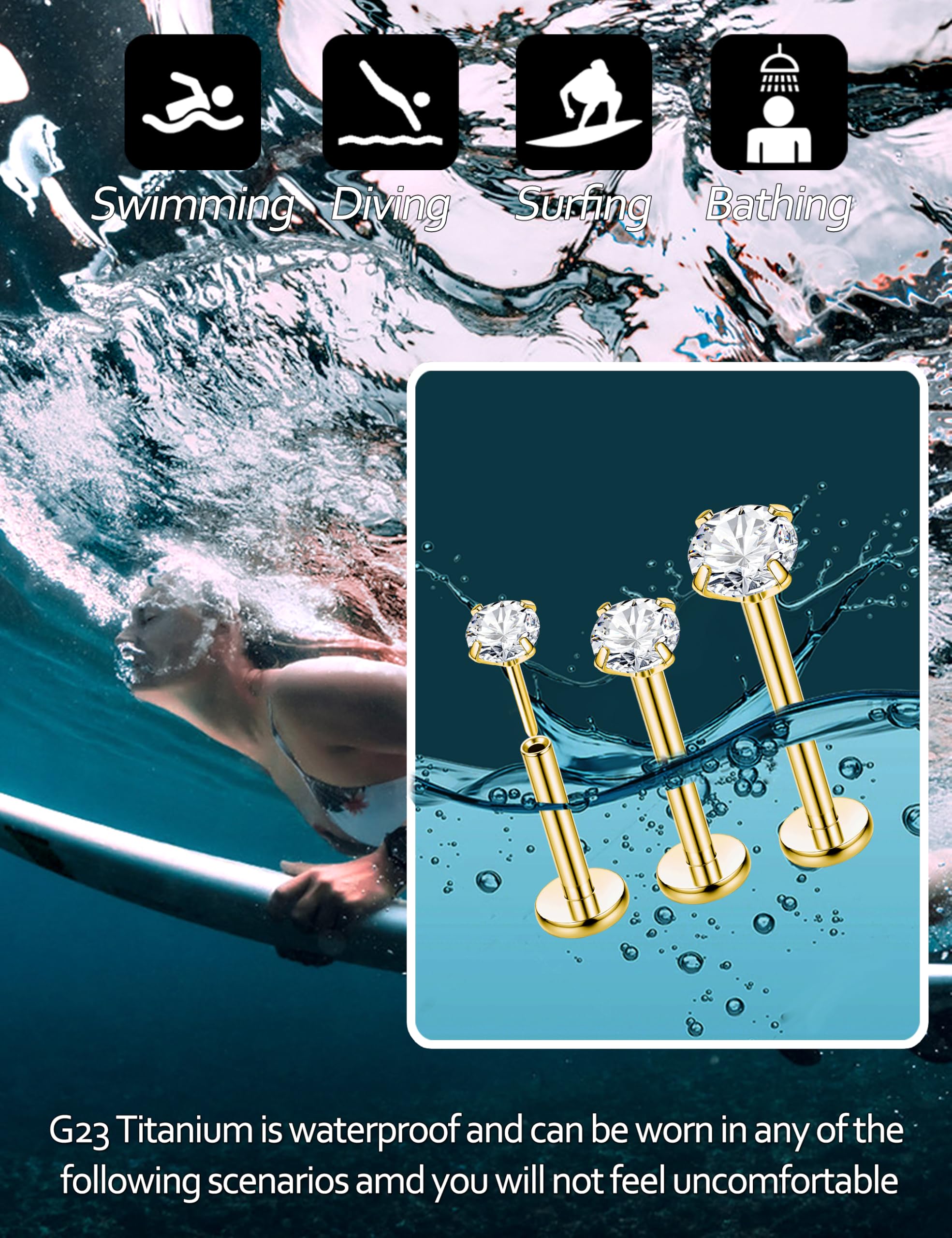 16G/18G/20G G23 Titan Labret Piercing Schmuck Labret Ohrstecker 2/3/4MM CZ Tragus Ohrstecker mit Flacher Rückseite Lippenpiercing Nasenstecker Lippensteg Helix Piercing Medusa Tragus Piercing Schmuck
