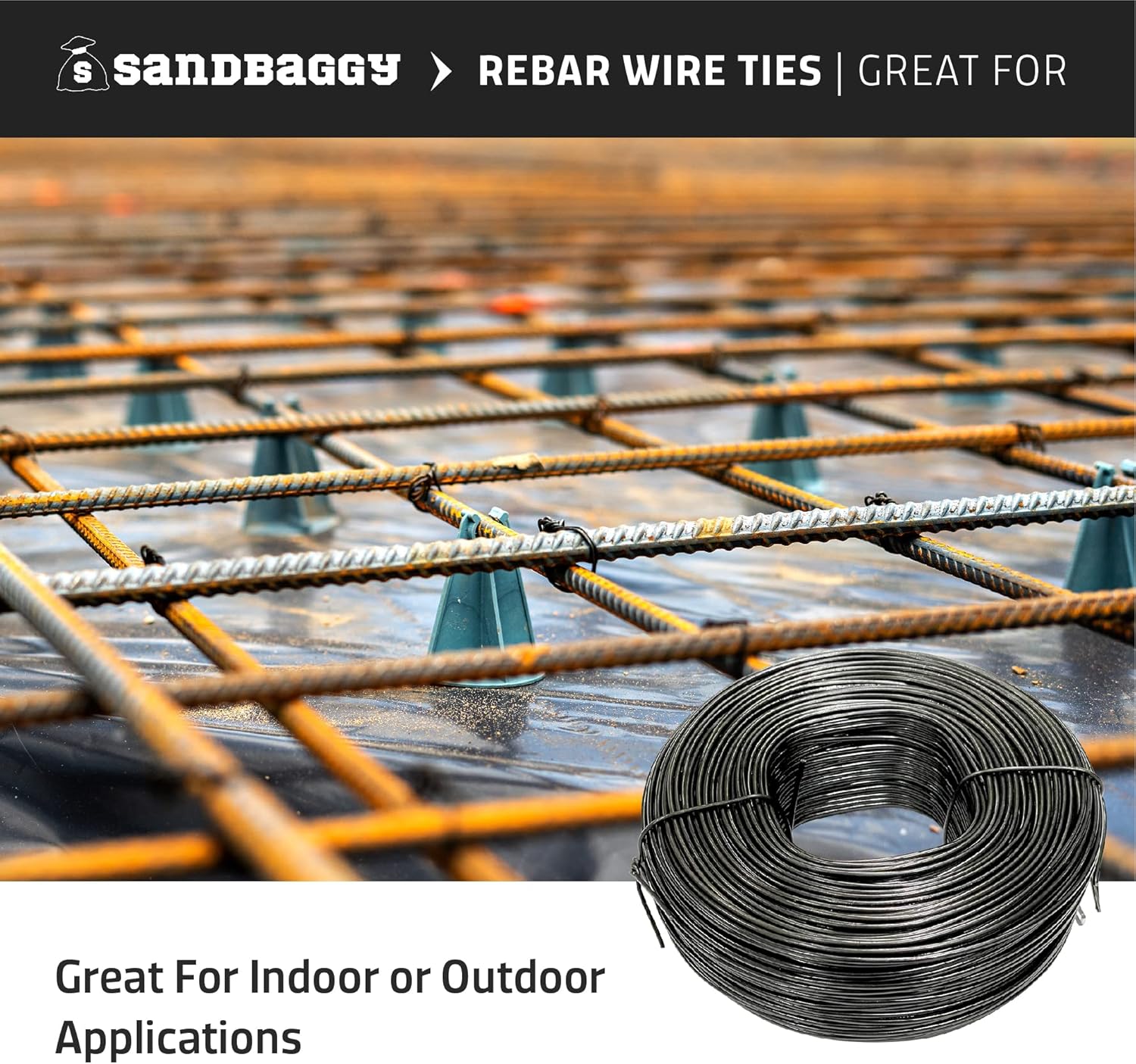 Sandbaggy Rebar Tie Wire Reel 16 Gauge | Approx. 330 ft Length Roll | Great for Securing Rebar | Excellent Bend-Ability | Black Annealed Industrial Grade Steel (Black Annealed, Pack of 4)