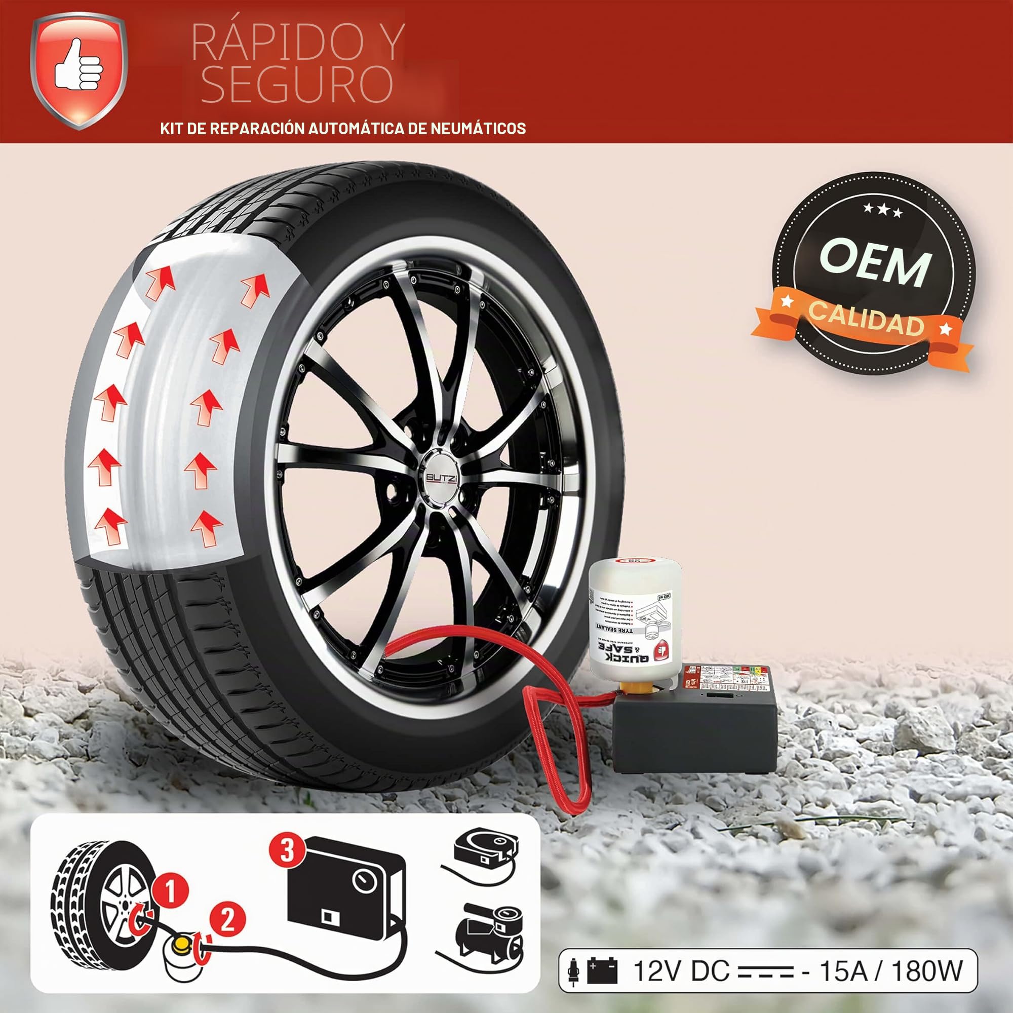 S SUMEX Kit de Reparación de Pinchazos para Coche Arregla y Repara Neumáticos Compresor de Aire de 180w con Conector 12V y 450ml Líquido Sellante