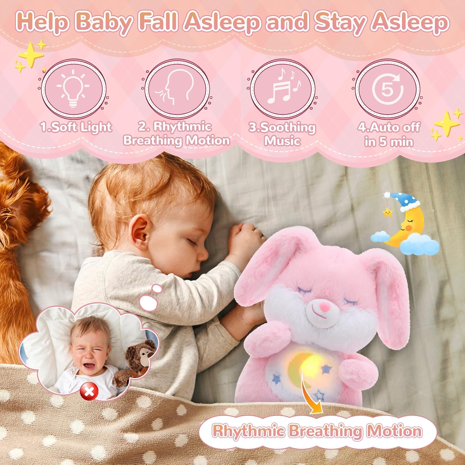 Breathing Stuffed Animal, Soothe Snuggle Pink Bunny & Gray Bunny Plush for Anxiety Adults and Kids, Soothing Stuffed Animal, Soft Breathing Plush Bunny Gifts with Realistic Breathing and Lights