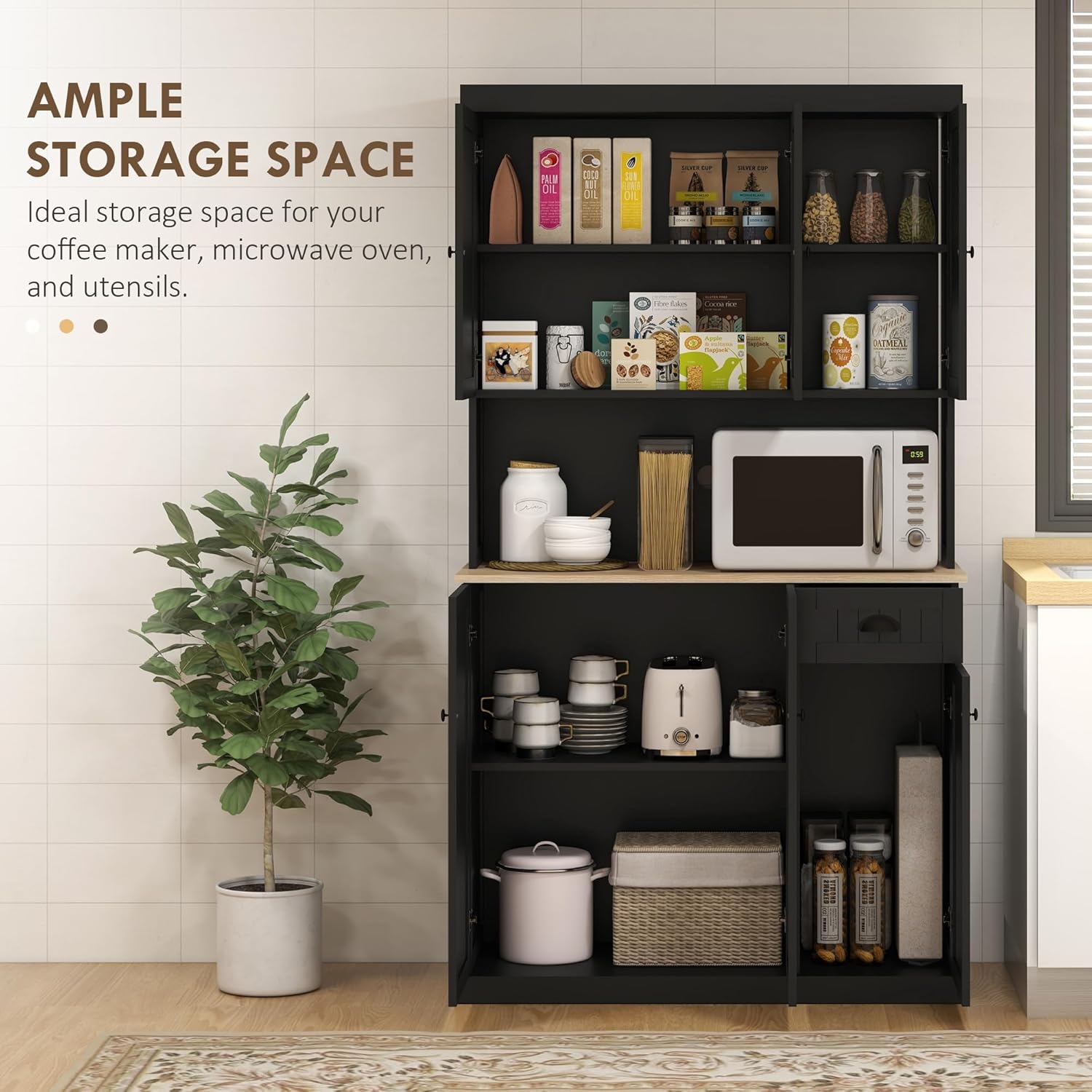 71" Black Modern Farmhouse Kitchen Pantry Storage Cabinet with Hutch