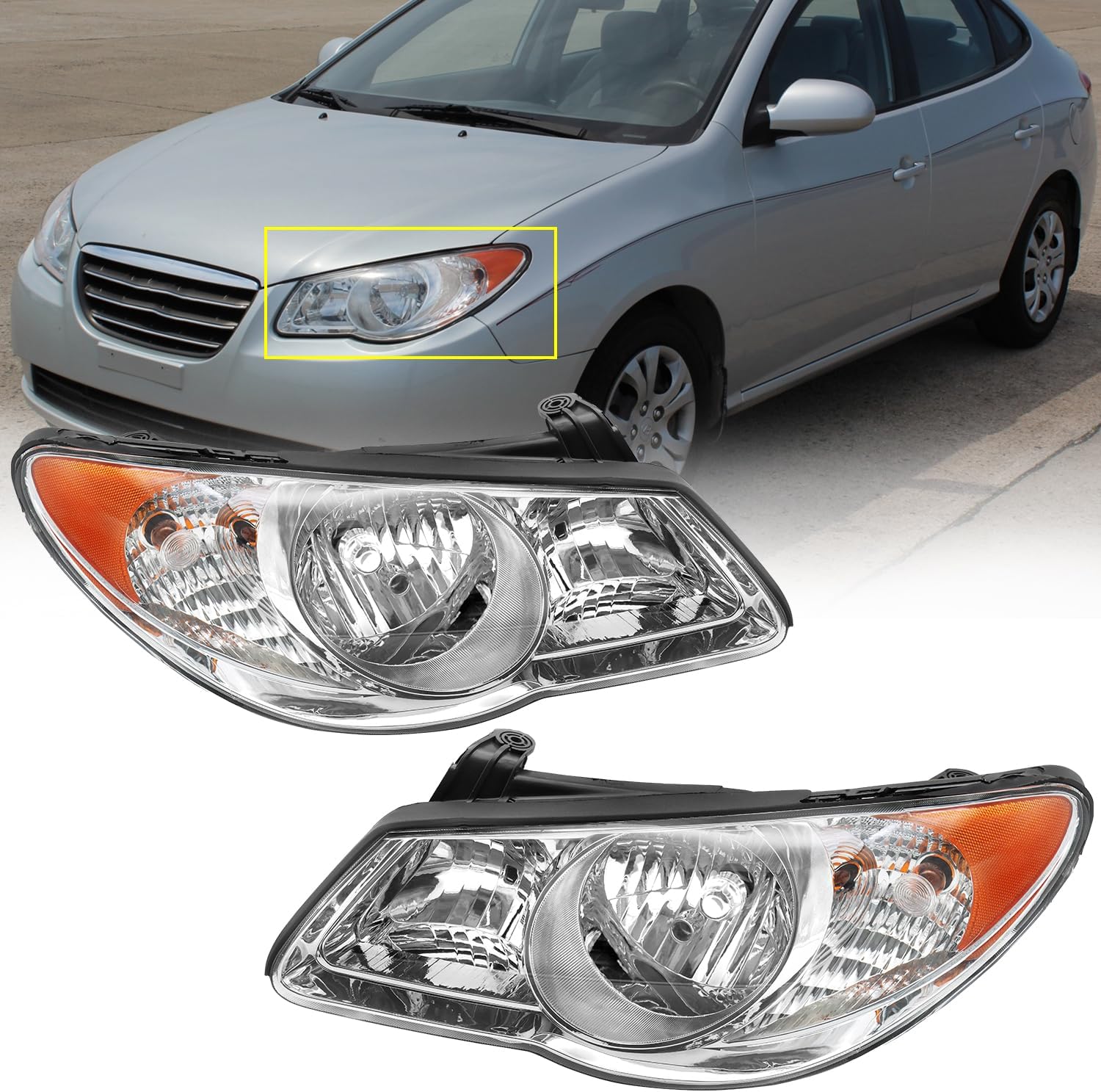 Headlights Assembly Fit for 2007 2008 2009 Hyundai Elantra, Chrome Housing Halogen headlamps(Driver and Passenger Side)