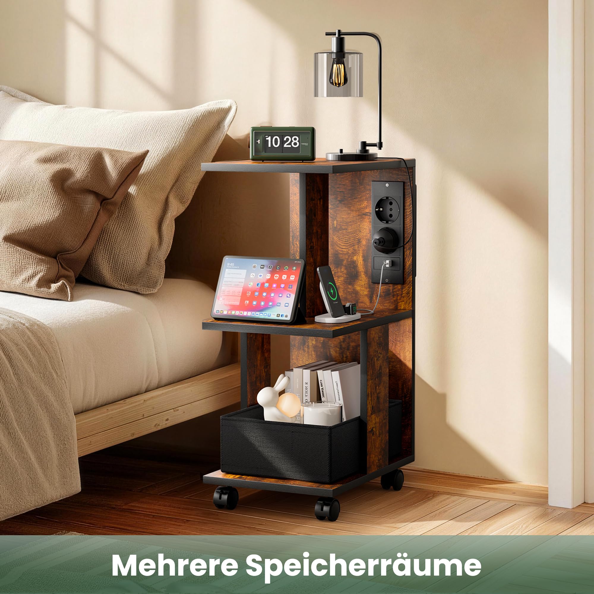 Pamapic Beistelltisch, Nachttisch mit Steckdose, Beistelltisch Schmal, 3 Ablagen C-Form Sofatisch,Couchtisch mit Rädern und Ablagefläche, Nachtschrank für Wohnzimmer, Schlafzimmer, Industriell