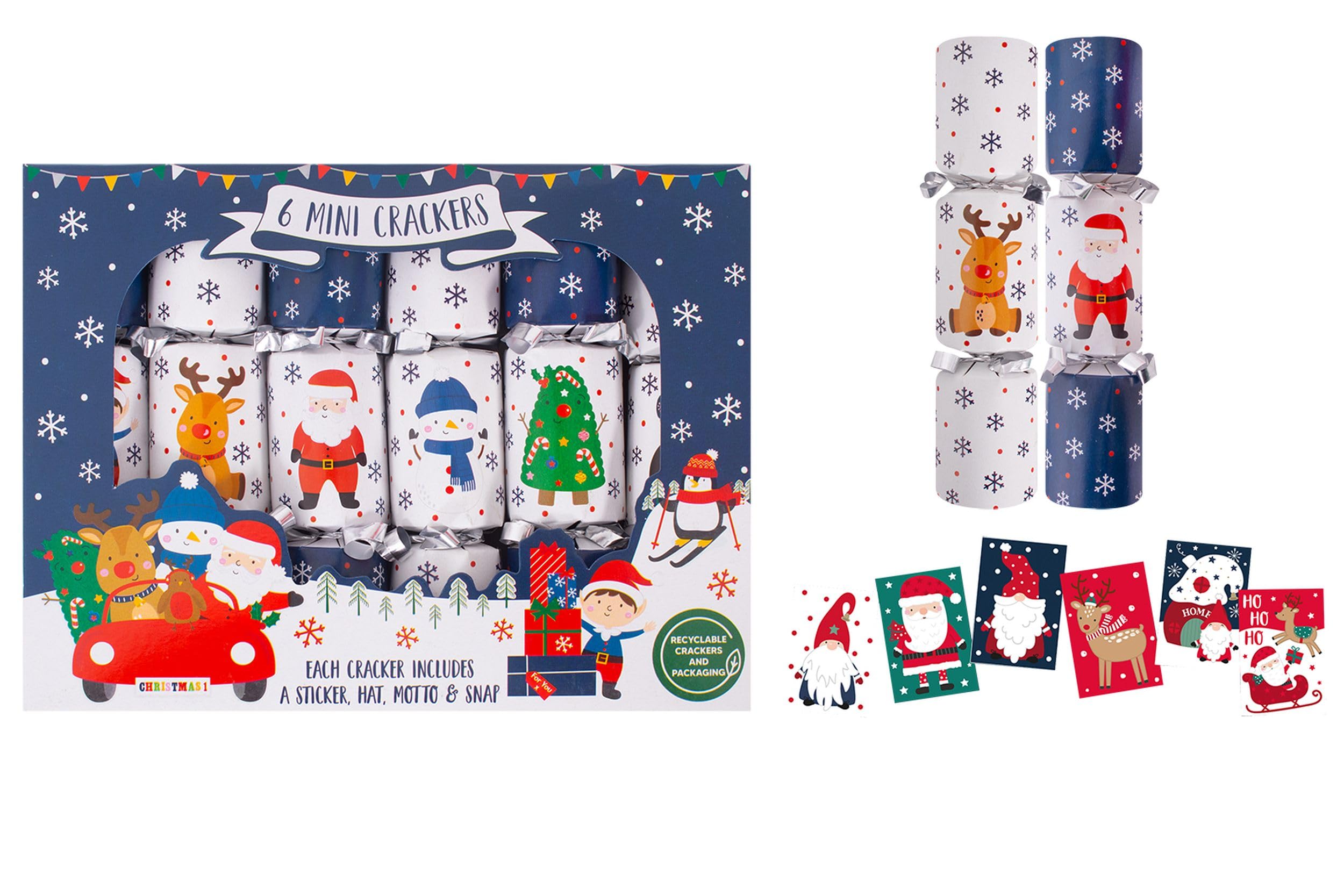 RSW International Childrens Cartoon Mini Christmas Crackers Blue & White Santa & Friends Family Plastic Free