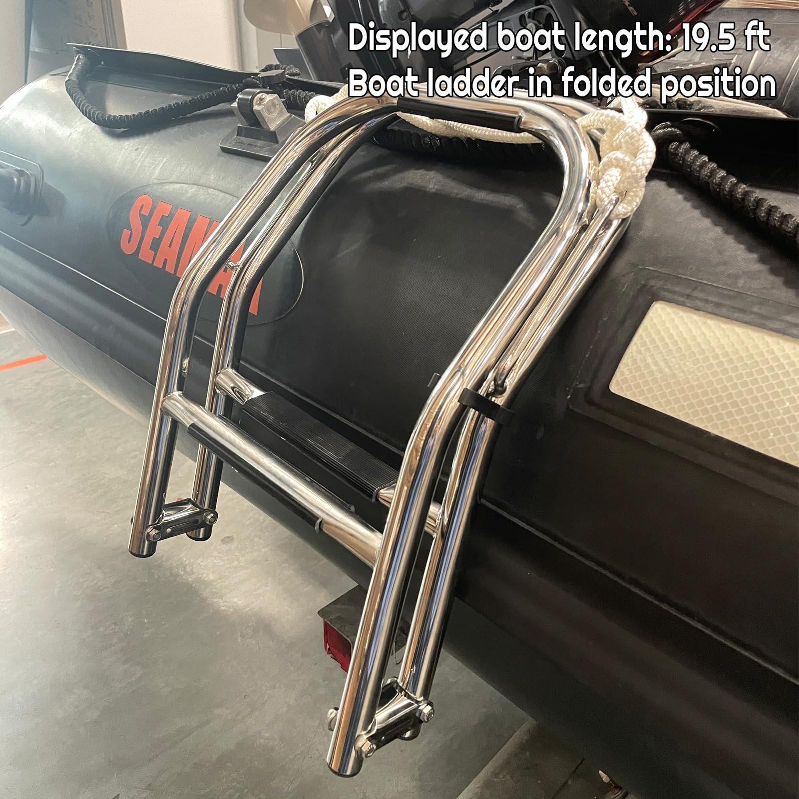 Seamax - Scaletta per imbarco a 3 gradini con manico e gancio integrati, in acciaio inox 316, telescopico, pieghevole, per gommoni, kayak e gommoni, antiscivolo, leggera, facile da riporre